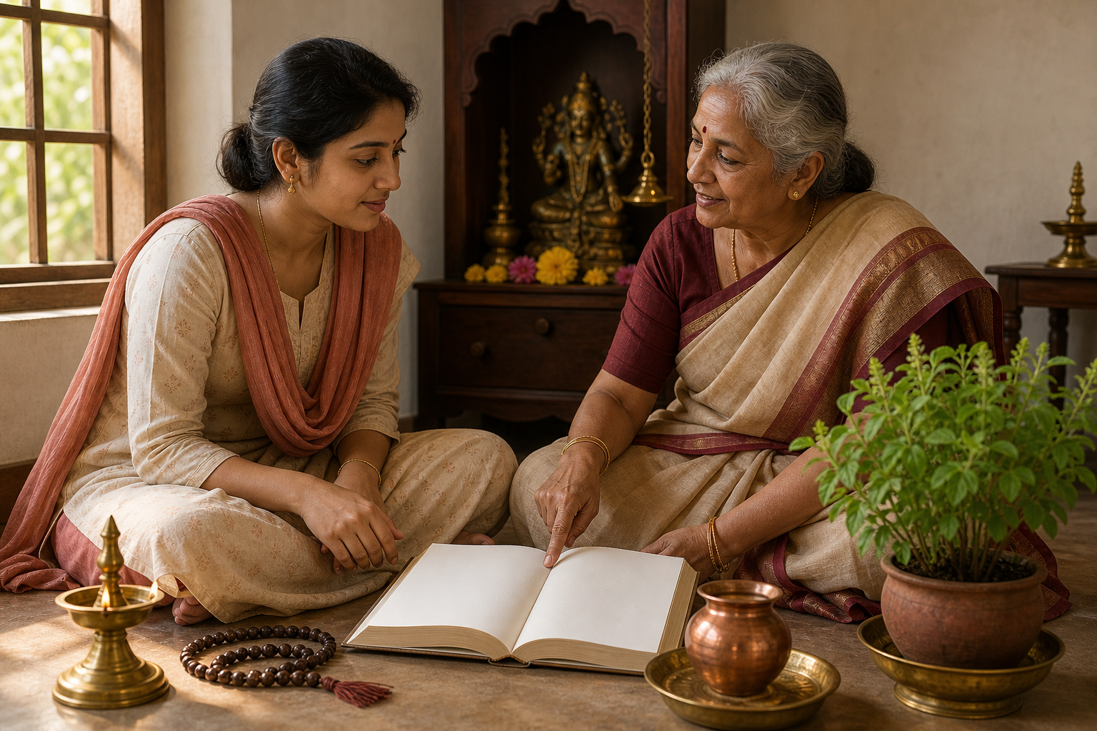 An elder guides a younger family member beside an unmarked almanac and devotional items at a home shrine.