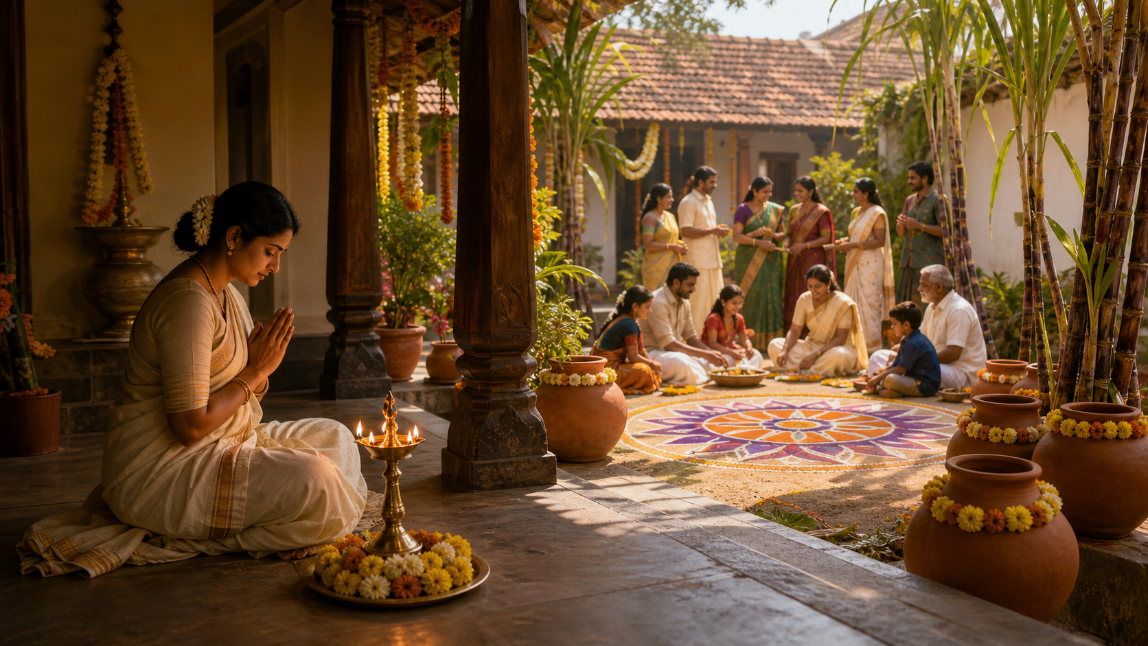 A devotee prays quietly on a shaded veranda while relatives gather with flowers, sugarcane and a decorative muggu in the courtyard beyond.