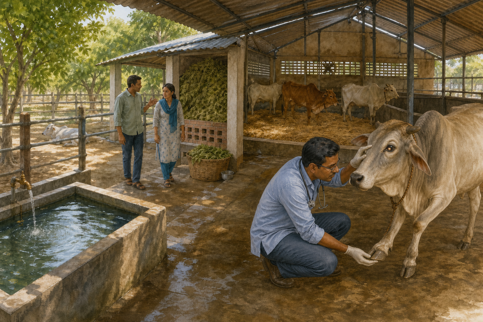A giver and caretaker inspect a cow shelter with clean water, stored fodder, secure fencing, dry bedding, and a veterinarian examining a cow.