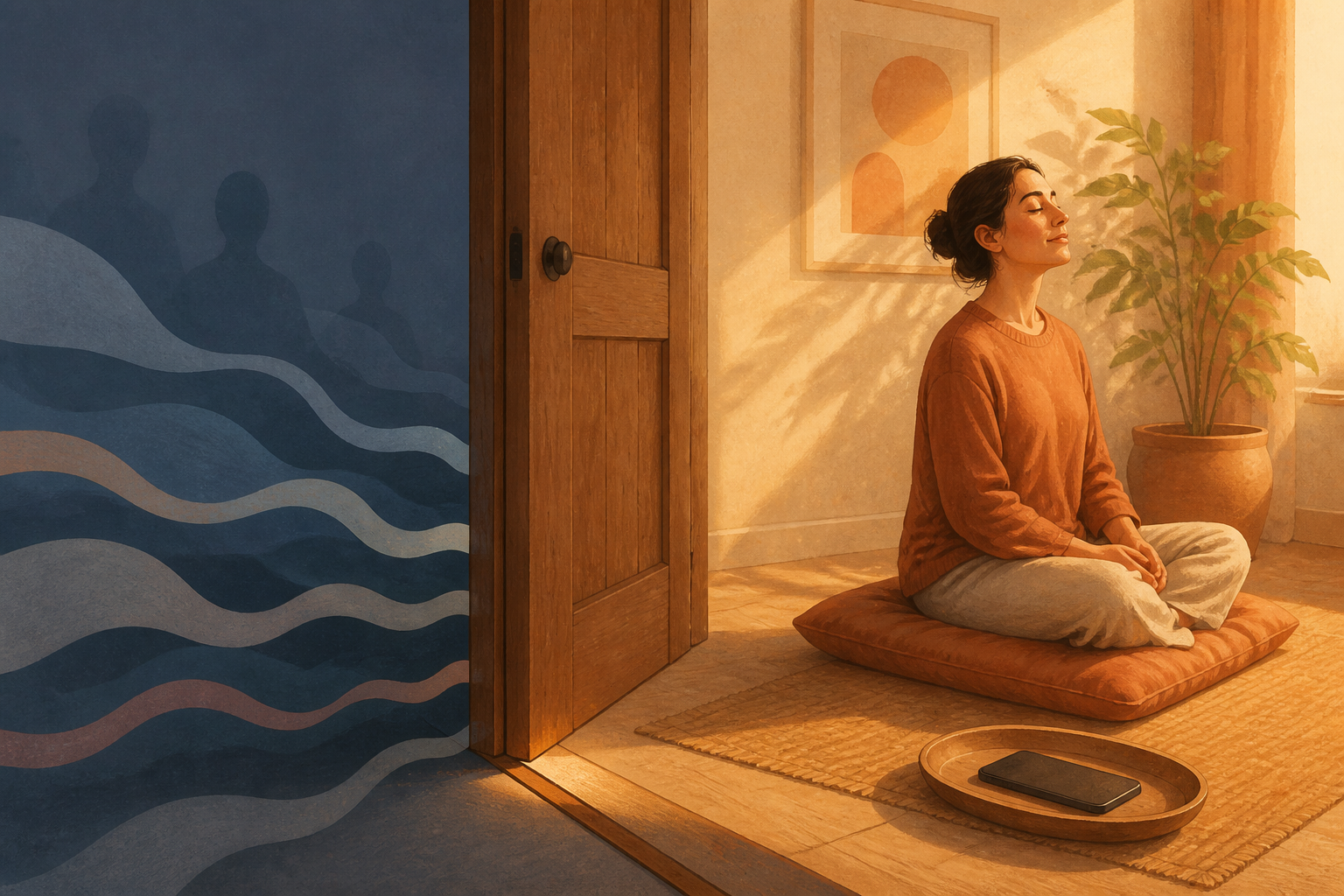 An adult rests inside a sunlit room while a partly closed door and a distant face-down phone create a protected boundary.