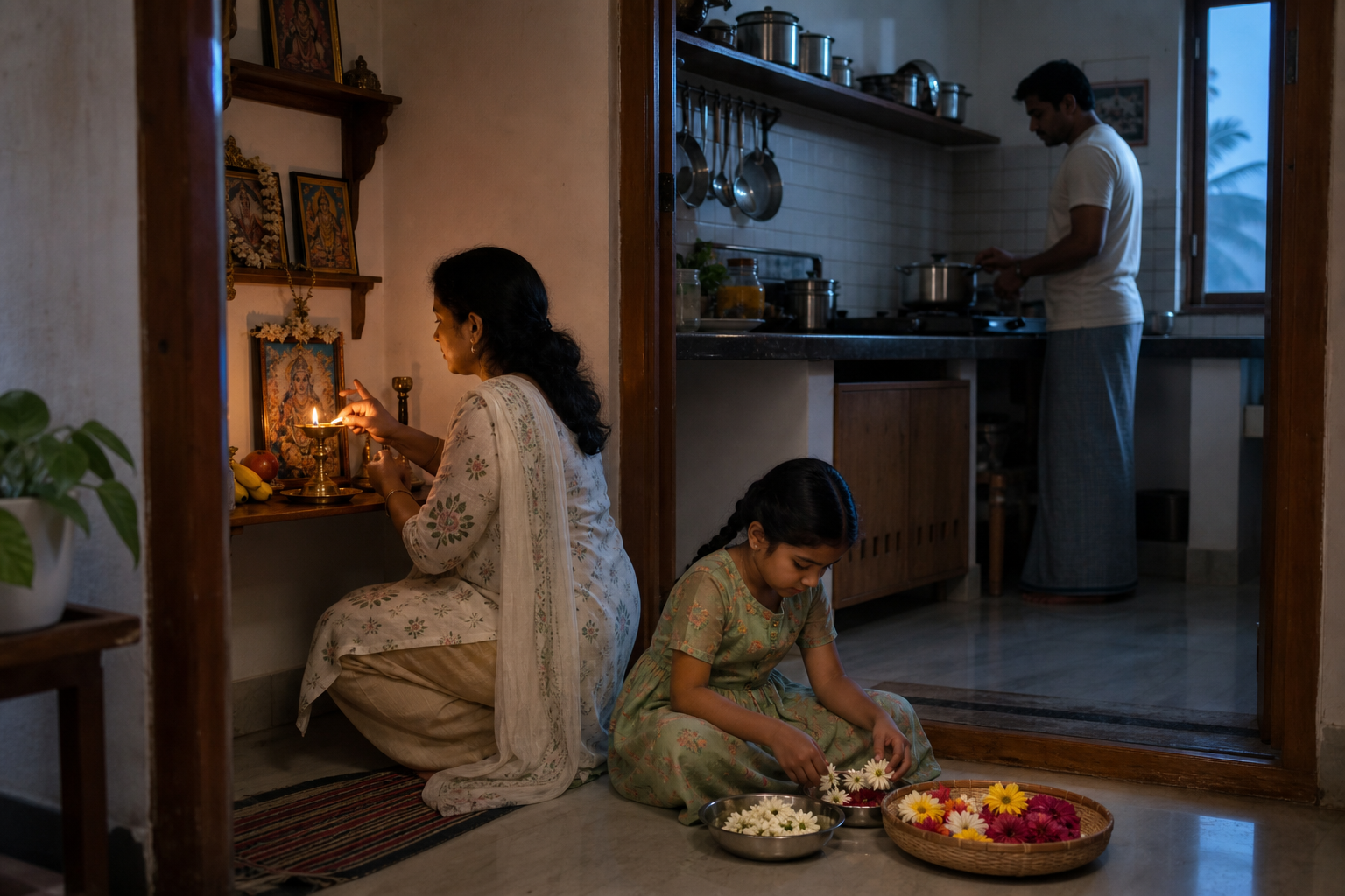 Family members share simple morning tasks as one person lights a brass lamp at a compact home prayer shelf.