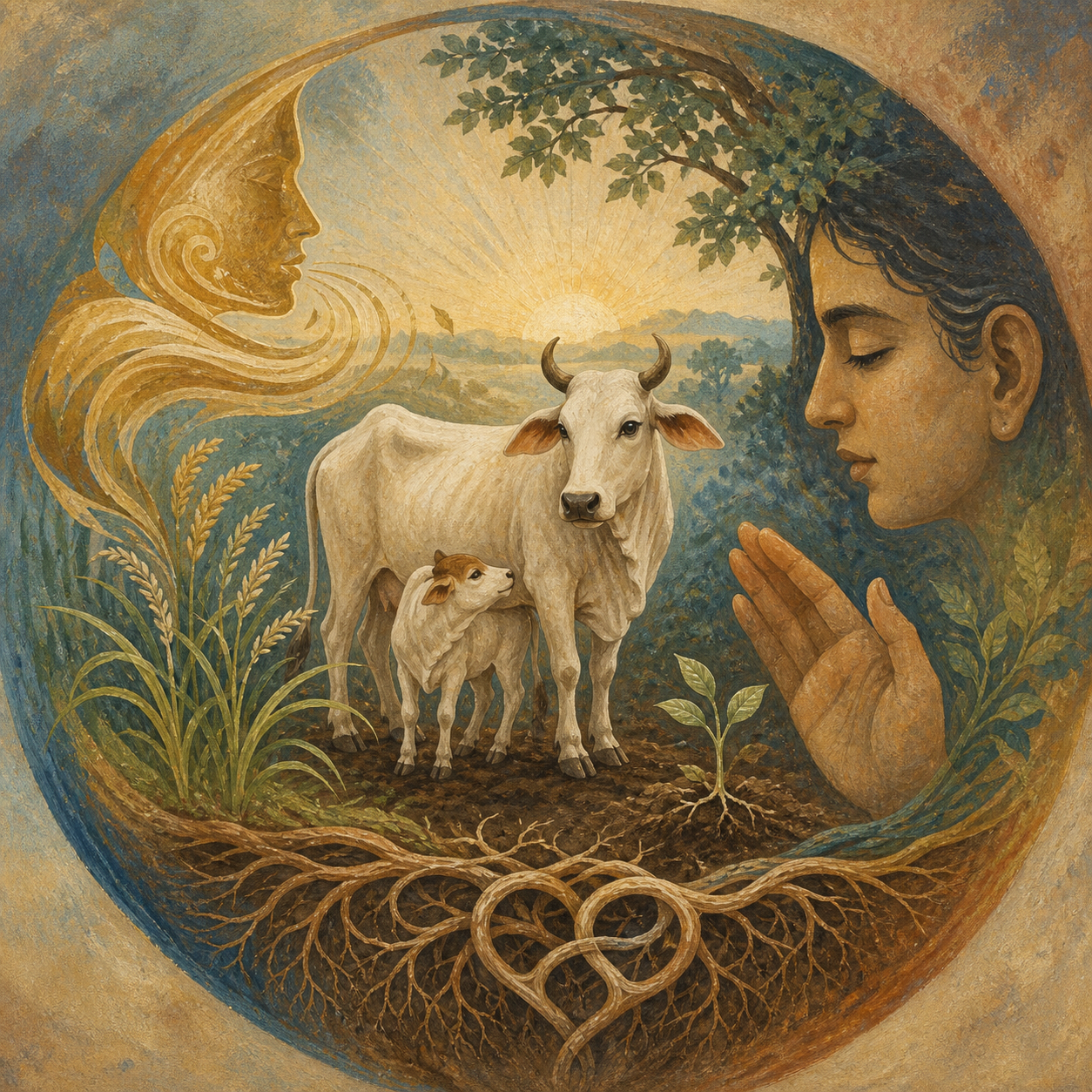 A symbolic illustration surrounds a cow with living soil, a seedling, a gently speaking profile, and an attentive face with an open hand.
