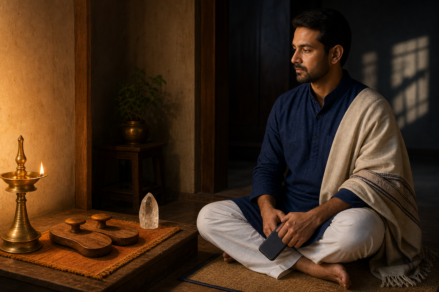 A composed devotee sits beside wooden padukas, a brass oil lamp, a clear crystal, and a face-down smartphone.