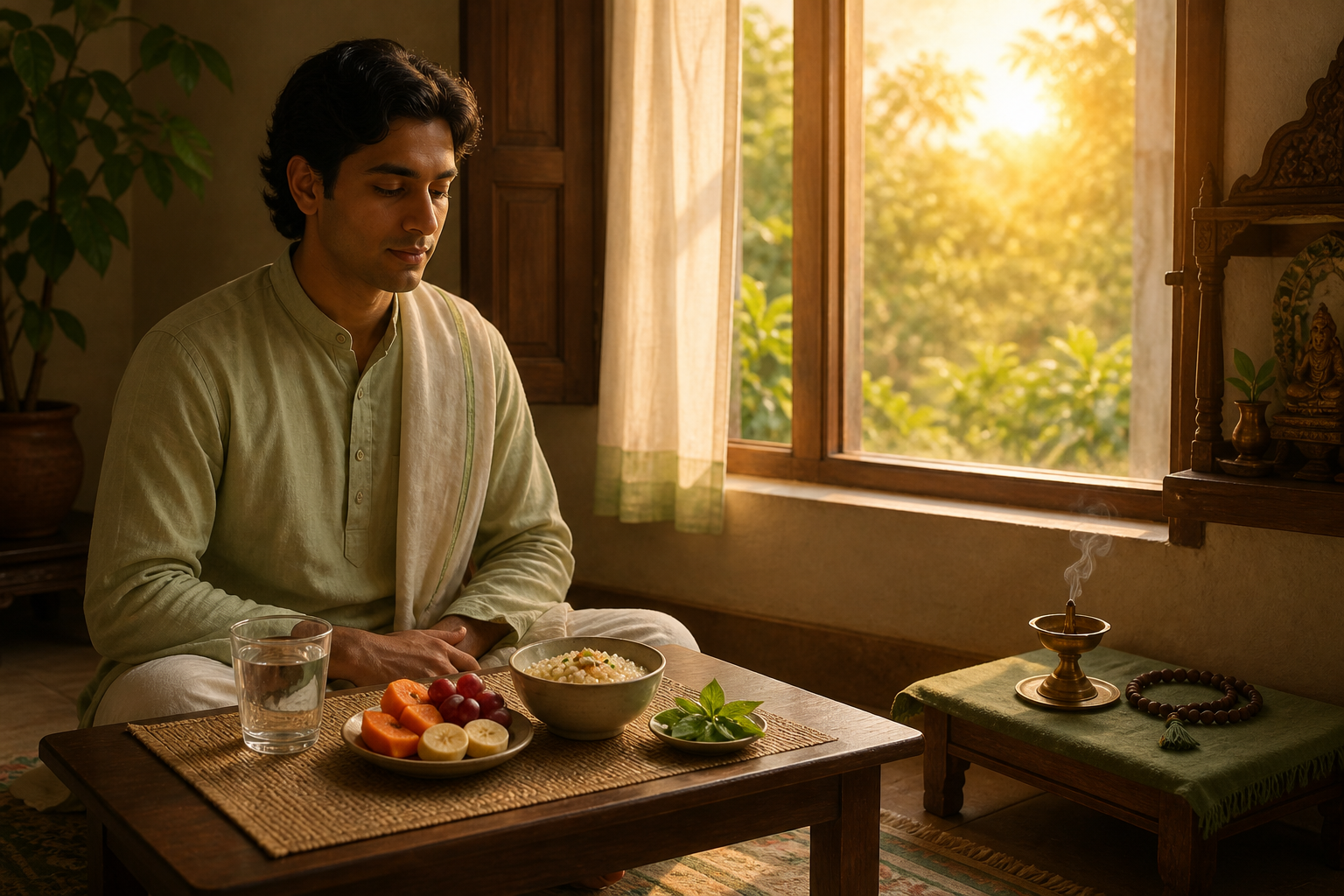 A devotee pauses before a simple fast-breaking meal of water, fruit, grains, and tulsi leaves in the golden morning light.