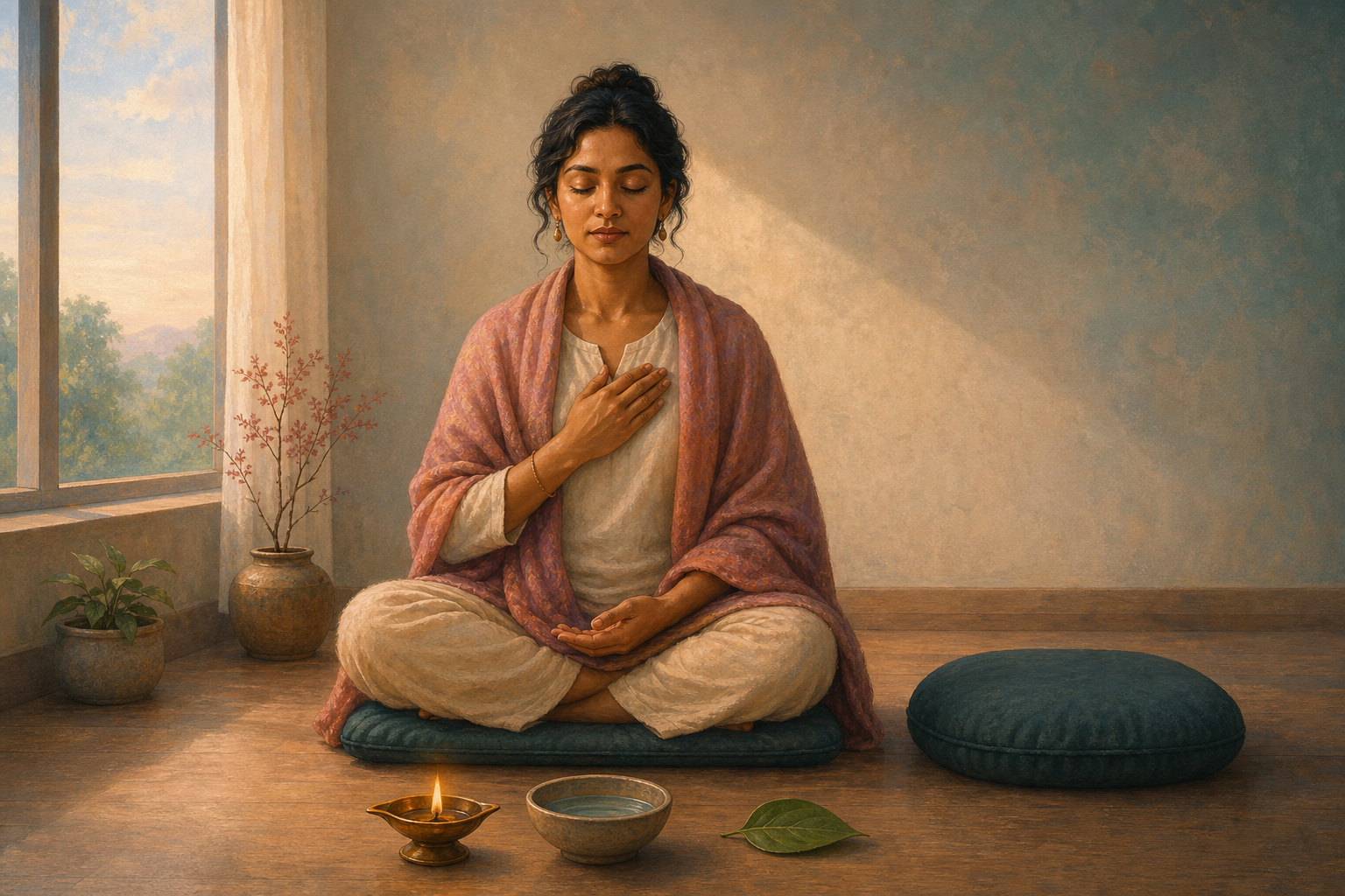A person sits beside an oil lamp, water bowl, green leaf, and empty cushion in a quiet home practice space.