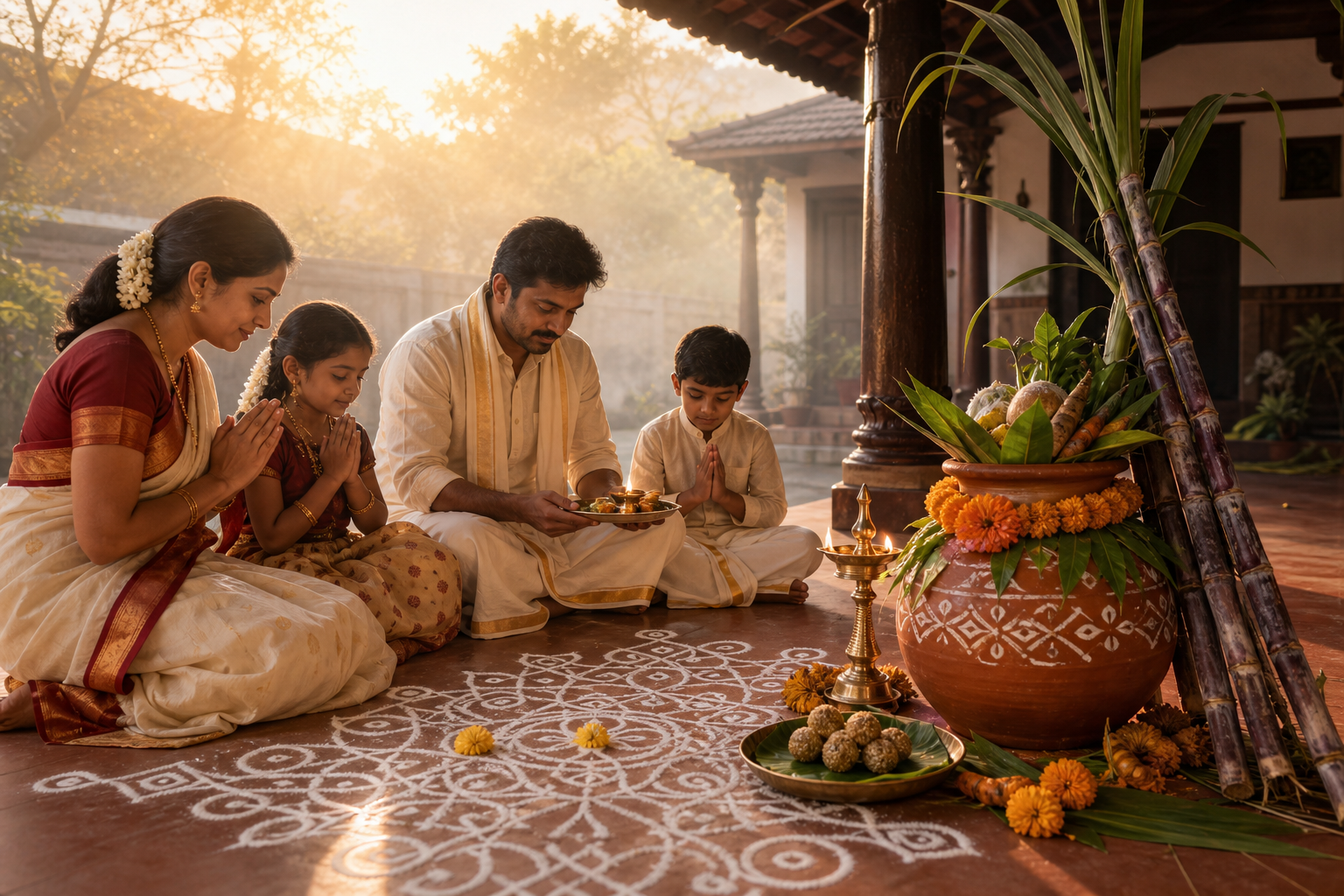 A family gathers prayerfully around a decorated harvest pot, brass lamp, sugarcane and rice-flour muggu at sunrise.