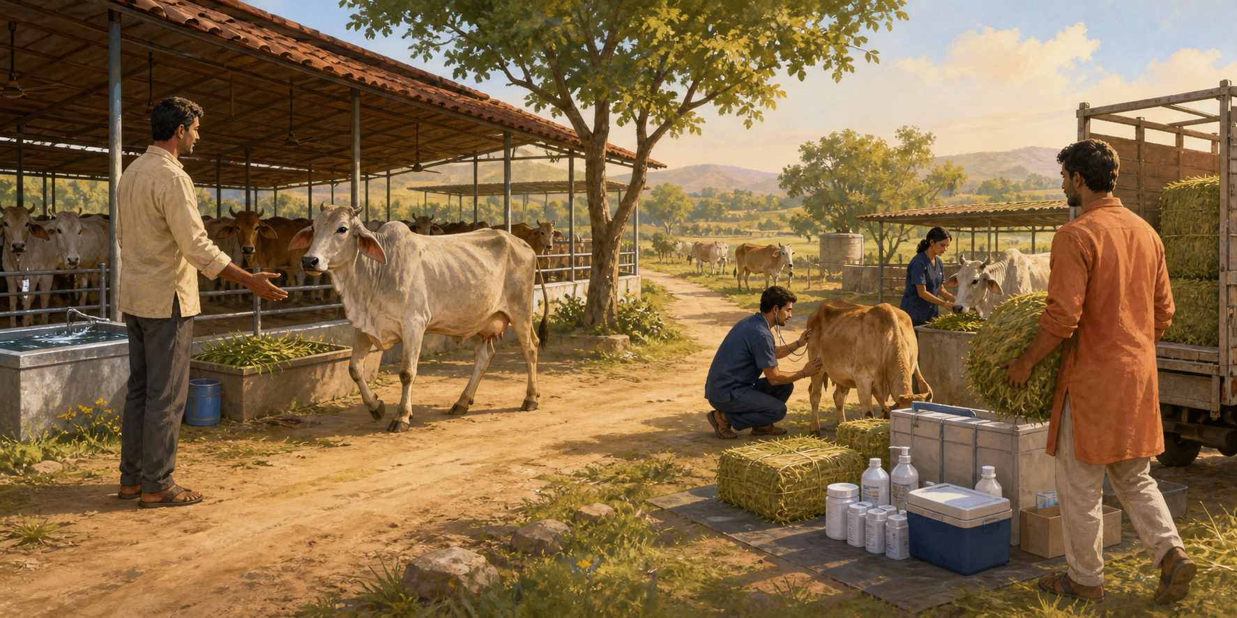 One scene shows a cow entering a prepared shelter, while a connected scene shows fodder and veterinary supplies being delivered to an established cow-care center.