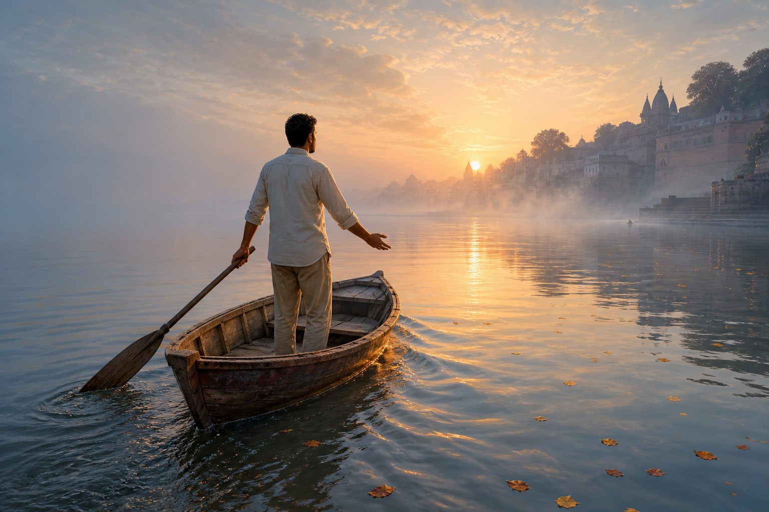 A person rows a small wooden boat across a misty river at sunrise, working one oar while resting the other hand open beside the boat.