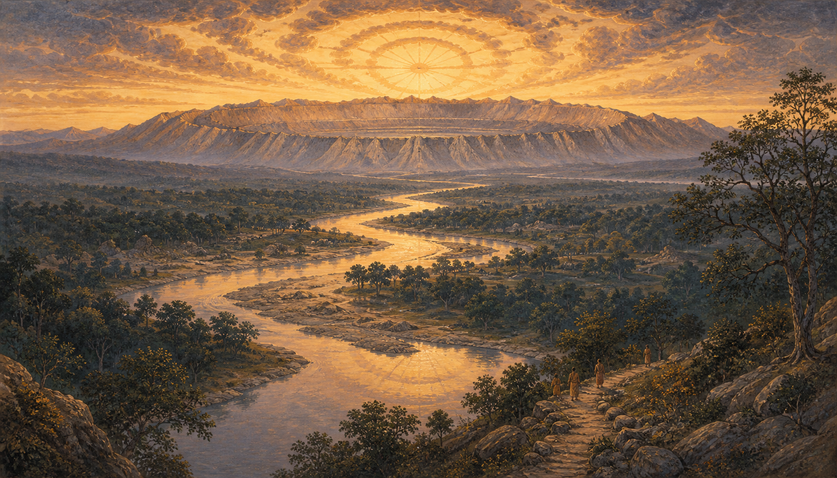 A circular mountain ridge rises beyond a river and forest as distant travelers follow a path beneath wheel-shaped dawn clouds.