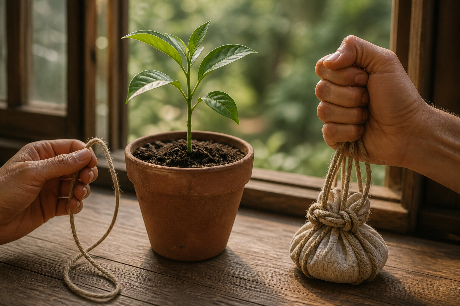 Two hands beside a potted plant hold cords differently, with one cord left loose and several others clenched into a tight knot.