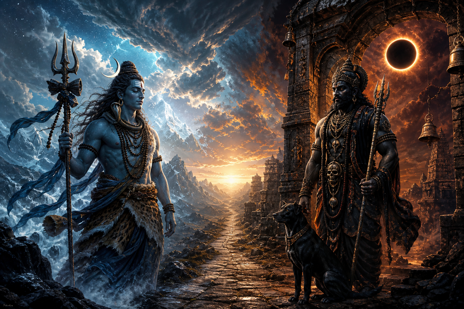 Rudra stands in a stormy mountain landscape while Kalabhairava and a black dog guard an ancient stone gateway beneath an eclipse.
