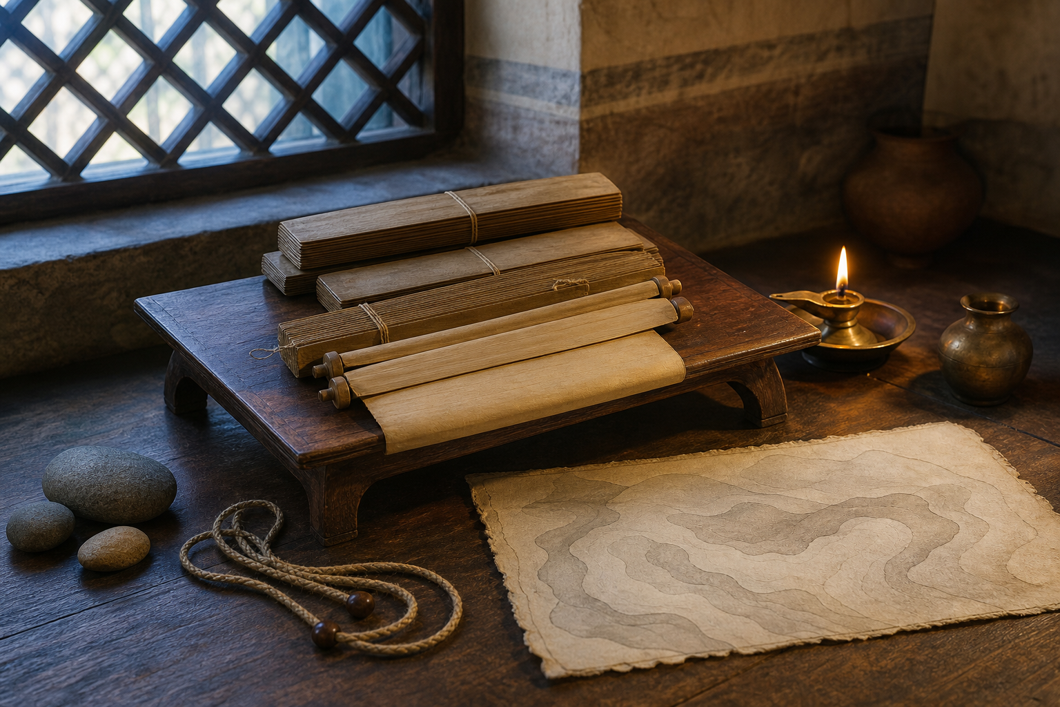 Palm-leaf manuscript bundles, an unmarked terrain sketch, measuring cord, stones, and an oil lamp are arranged on a wooden reading stand.