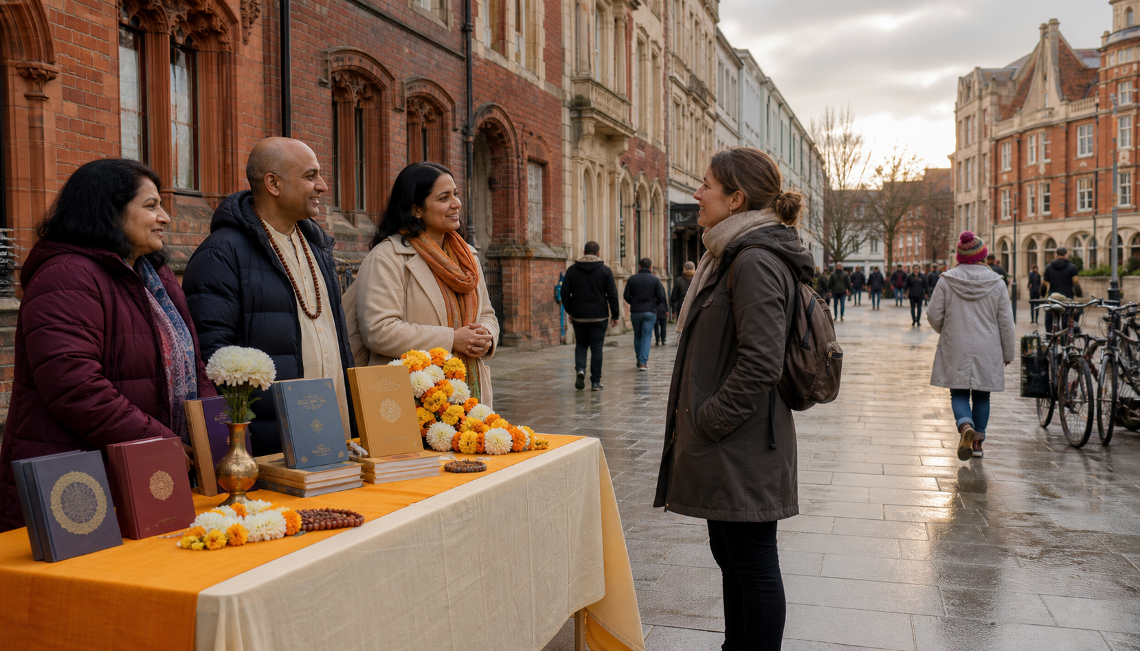 Volunteers welcome a passerby beside an orderly devotional book table on a spacious pedestrian street lined with brick and stone buildings.