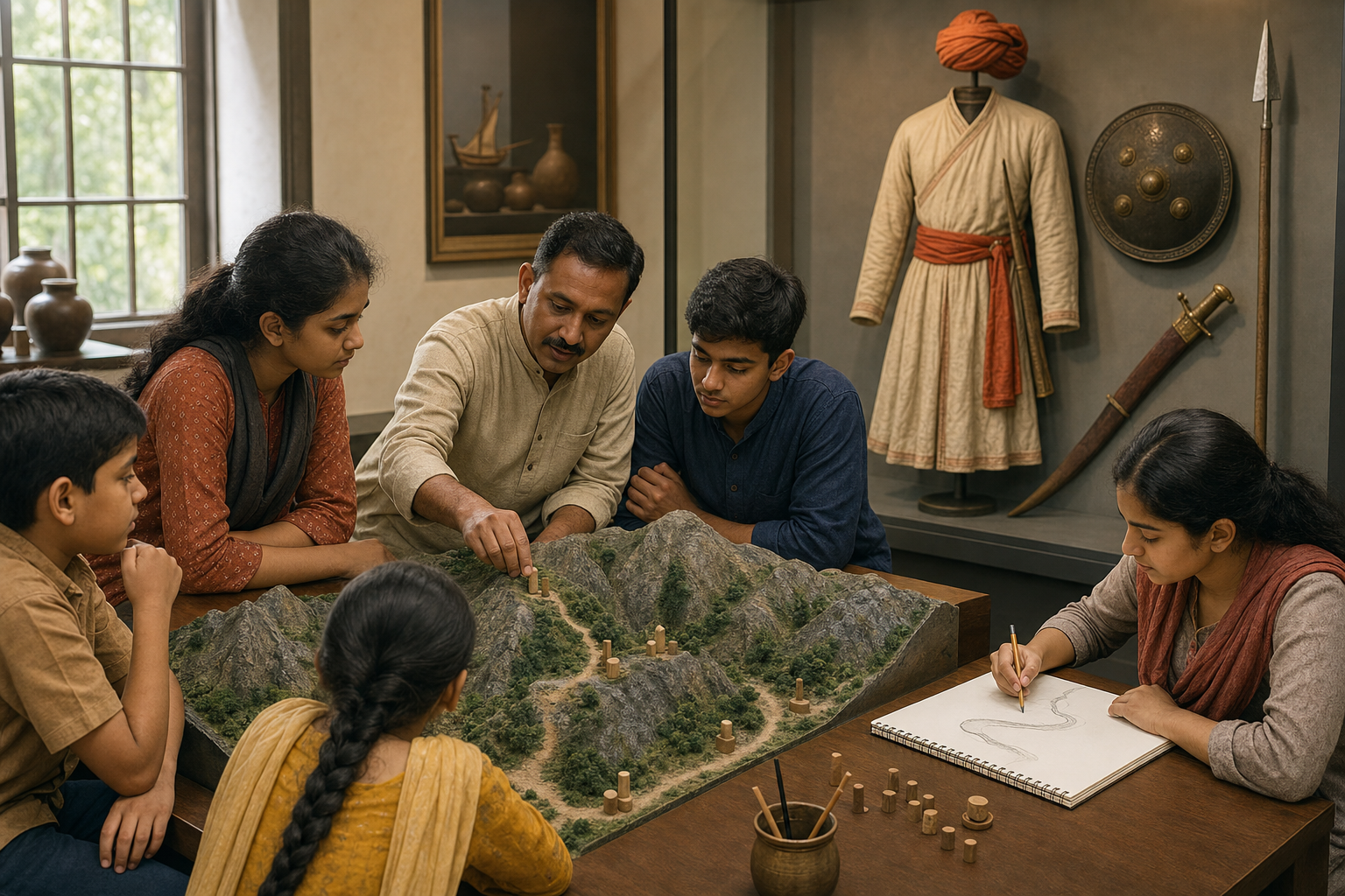 An educator and students examine a model of the Pawankhind terrain beside displays of seventeenth-century Maratha clothing and equipment.