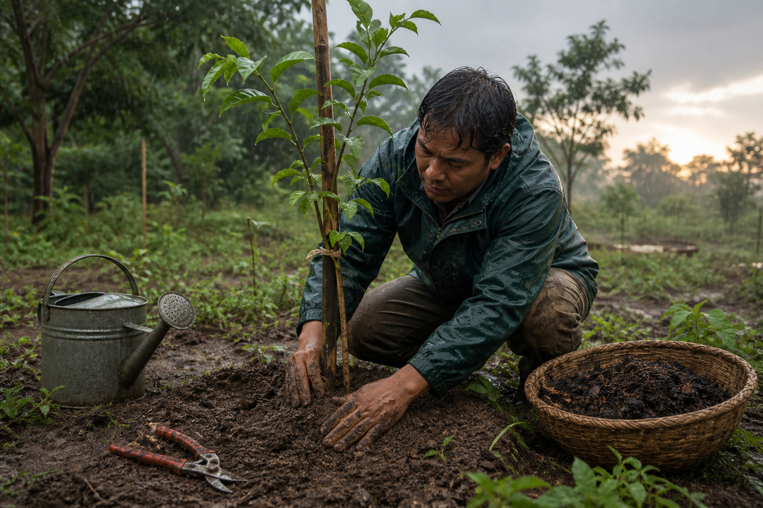 A gardener tends a fruitless young tree in light rain, tying it to a bamboo support and firming the wet soil around its roots.