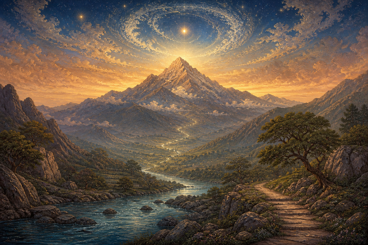 One mountain landscape is shown through natural terrain, a luminous winding path, and a circular radiance in the sky.