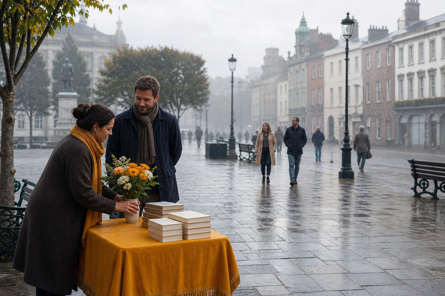 Two volunteers quietly arrange flowers and books on a devotional table while pedestrians cross a damp town square.