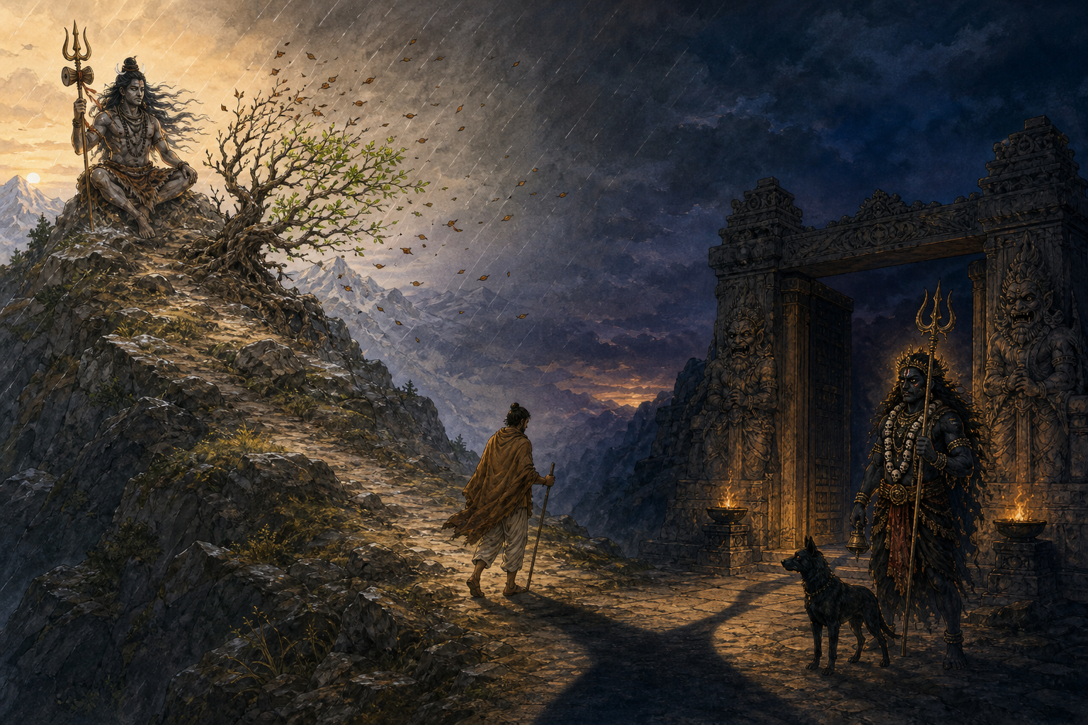 A traveler crosses a changing landscape between Rudra on a windswept ridge and Kalabhairava guarding a stone threshold with a black dog.