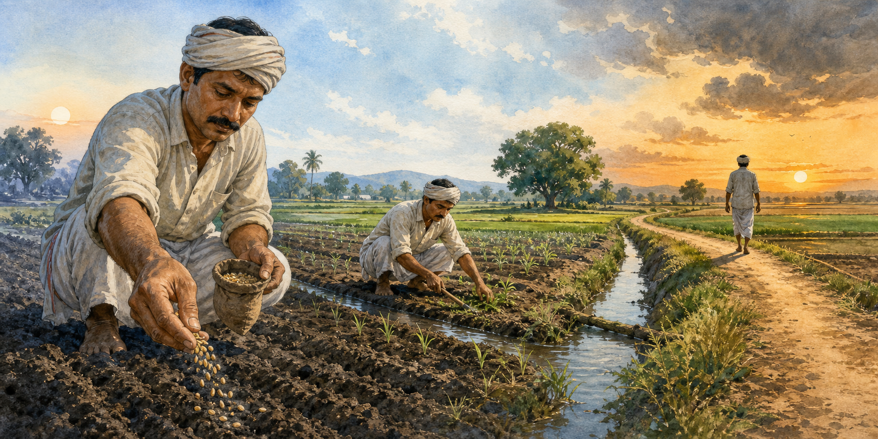 A wide field scene shows a farmer sowing seeds, tending irrigation channels, and later walking away with empty hands beneath an evening sky.