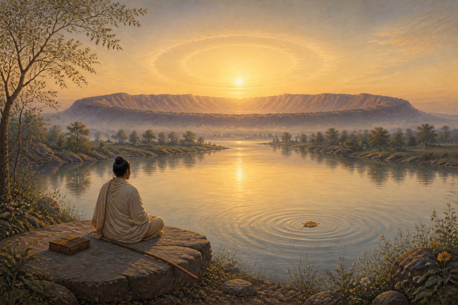A solitary pilgrim-scholar sits beside a calm river facing a distant circular mountain ridge at sunrise.