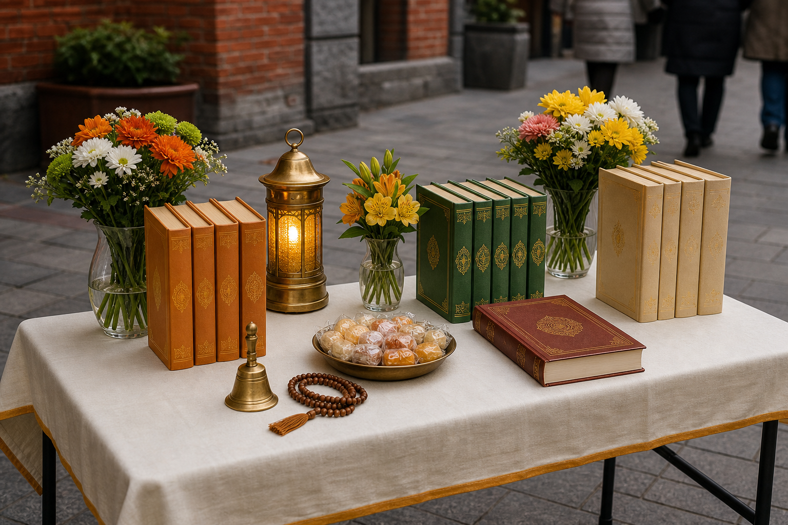A neatly organized street altar displays unlettered spiritual books, flowers, prayer beads, a brass bell, sweets, and a small battery lamp.