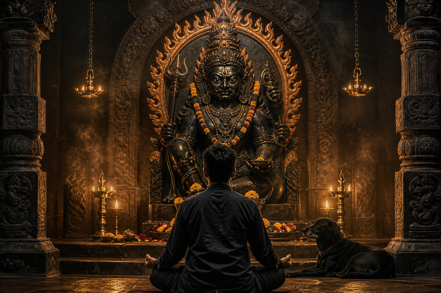 A seated practitioner calmly faces a fierce stone image of Kalabhairava in a lamplit shrine while a black dog rests nearby.
