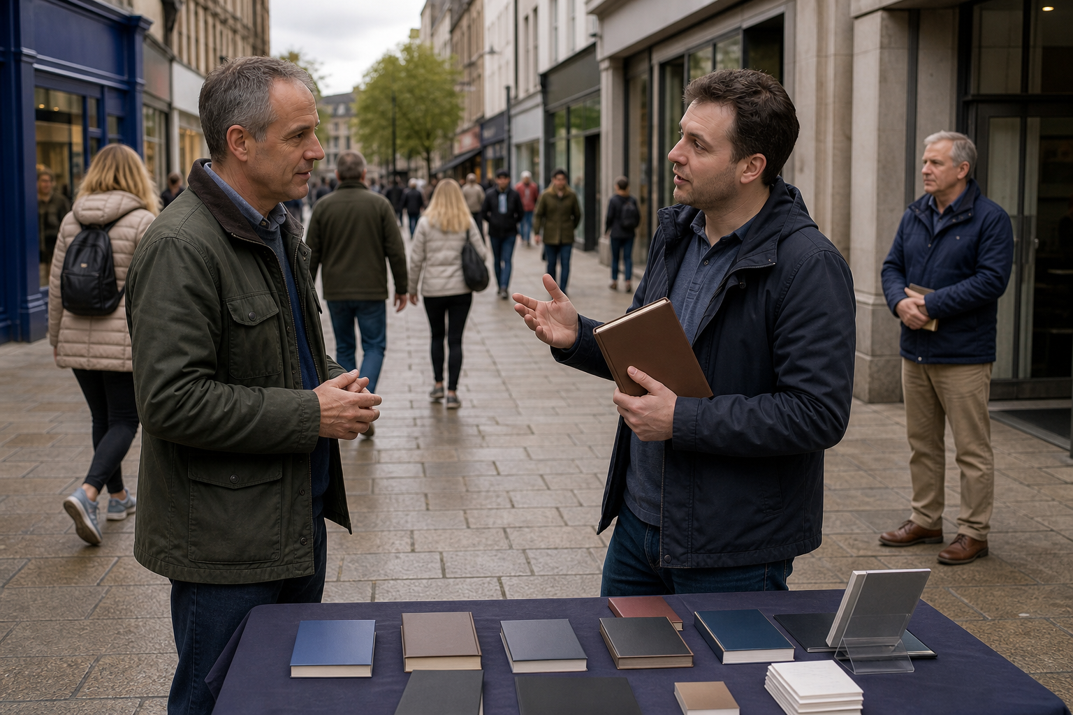 A volunteer listens to a passerby holding a book beside a devotional table as other pedestrians continue along the street.