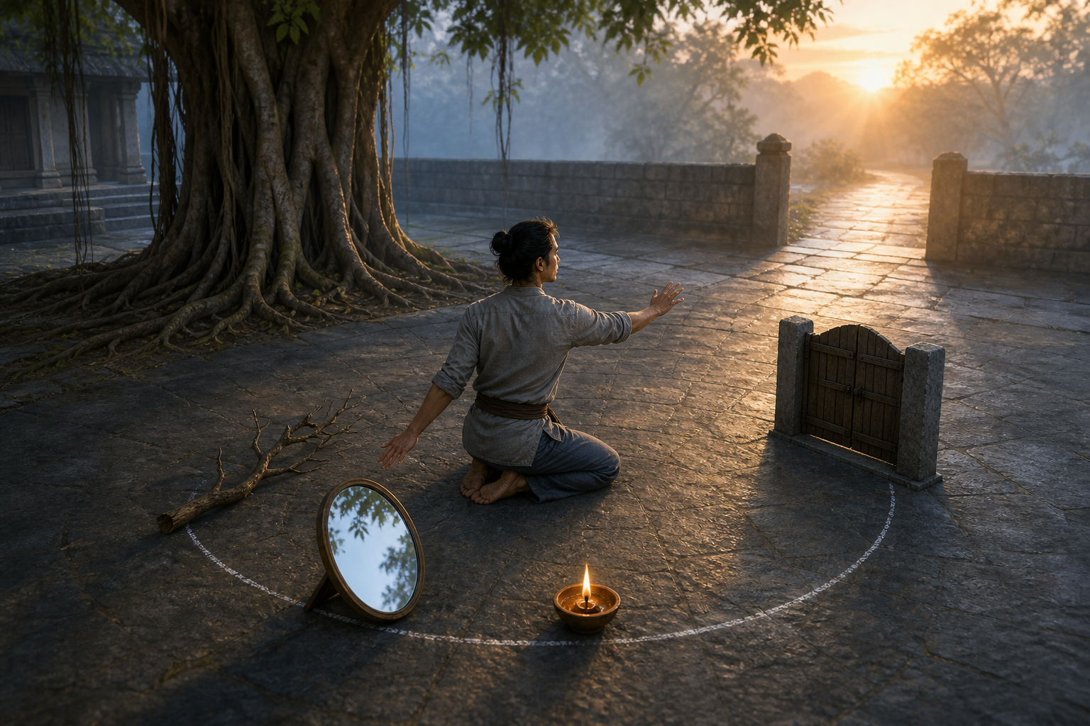 A kneeling practitioner is surrounded by a mirror, dry branch, closed gate, oil lamp, and sunlit path in a quiet temple courtyard.