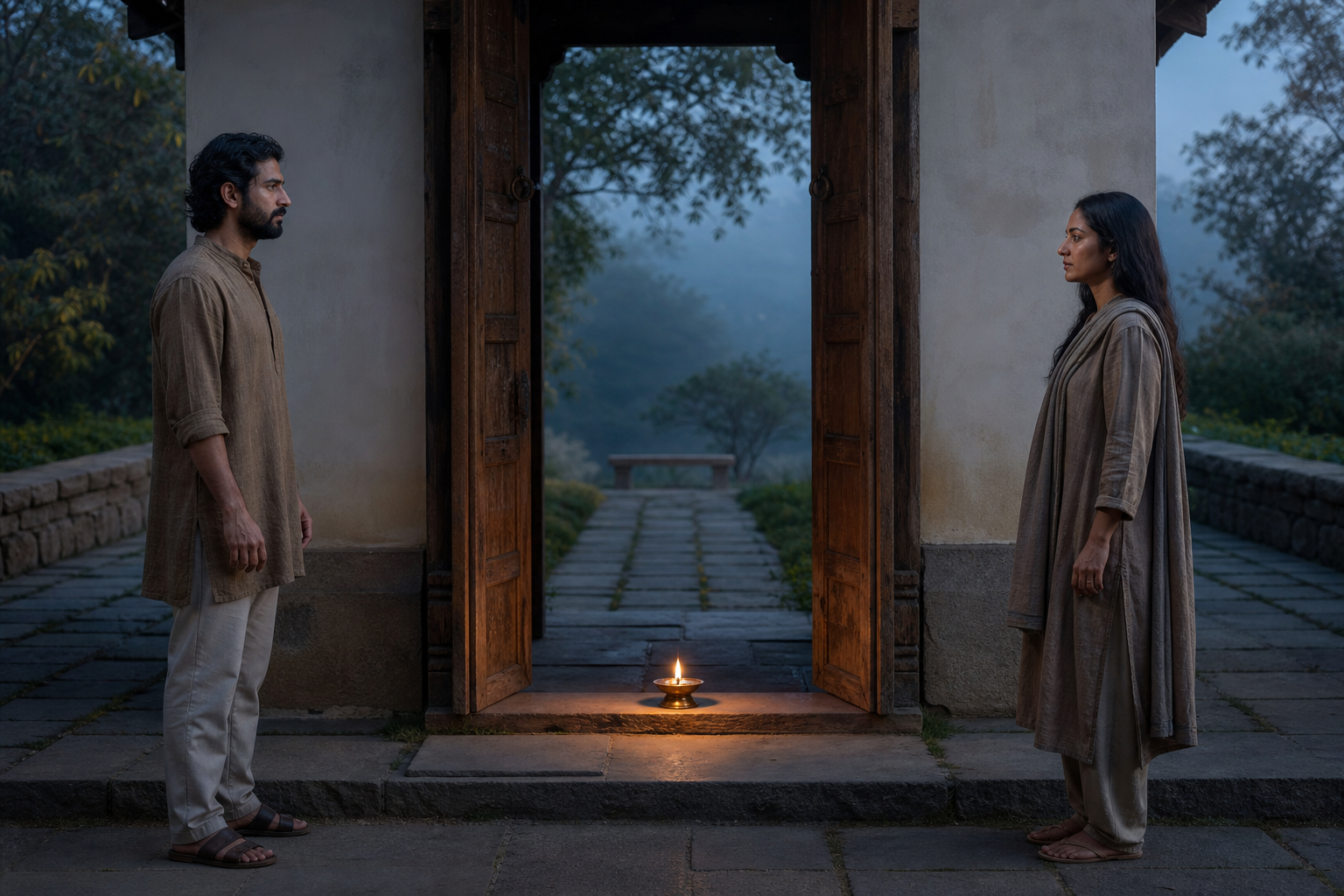 Two adults stand apart across an open courtyard threshold at dawn, with a small oil lamp glowing between them.