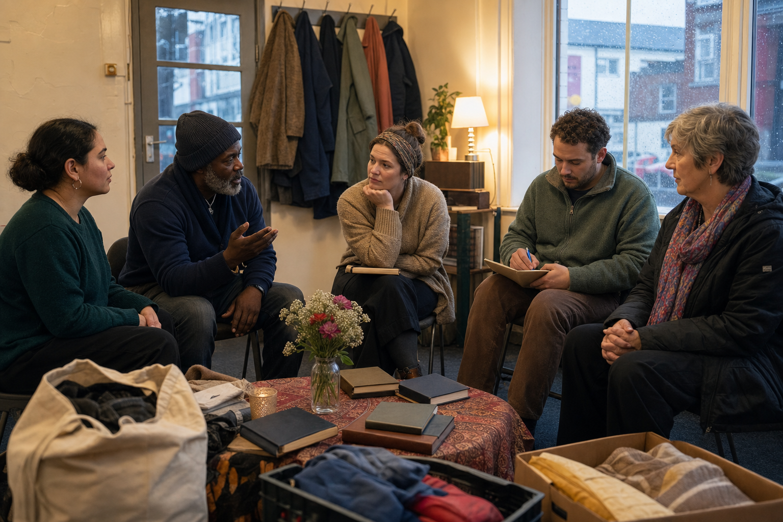 Five volunteers sit in a circle reviewing their outreach day, with packed materials, flowers, and spiritual books nearby.