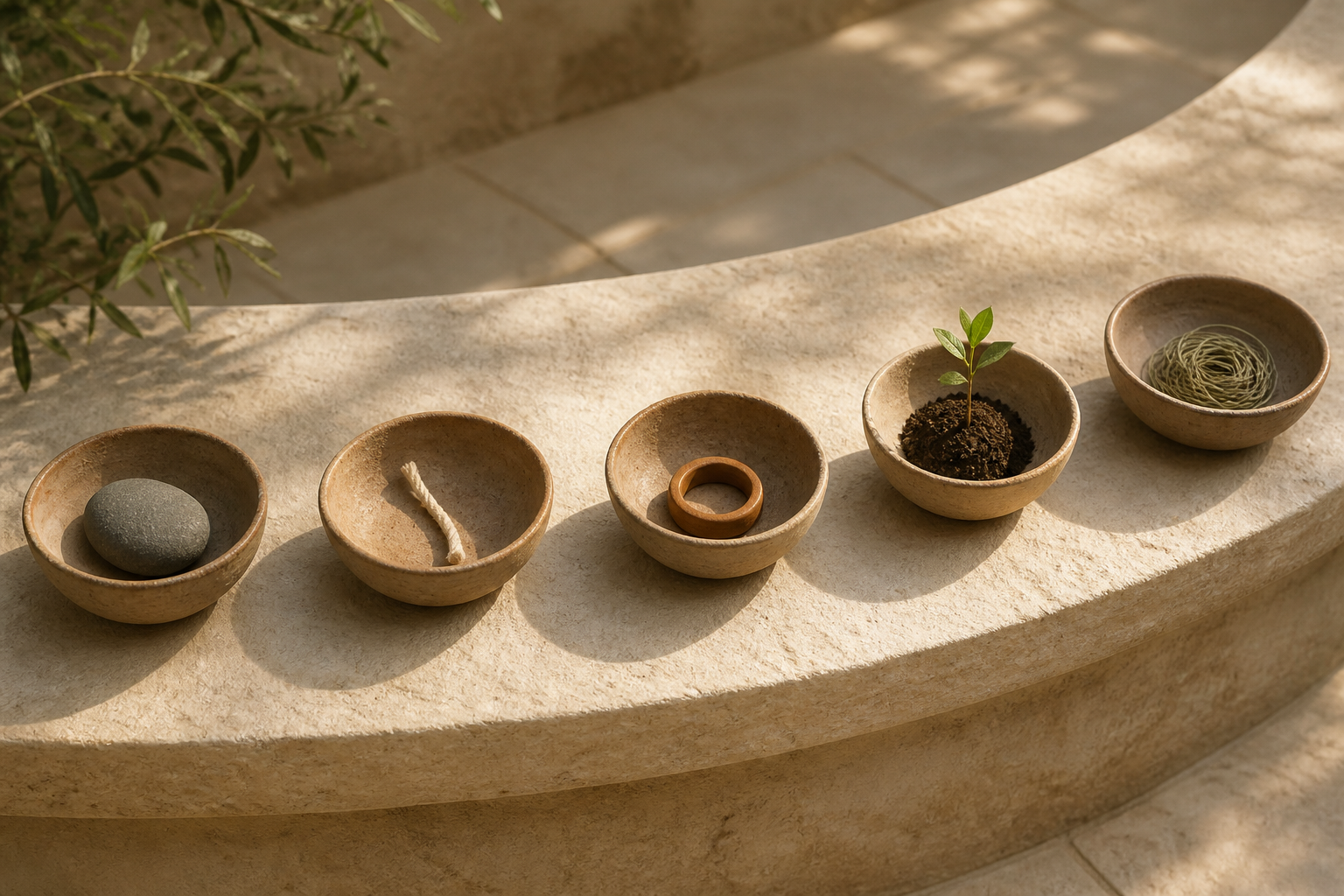 Five separate clay bowls holding different simple objects sit with clear spaces between them on a stone ledge.