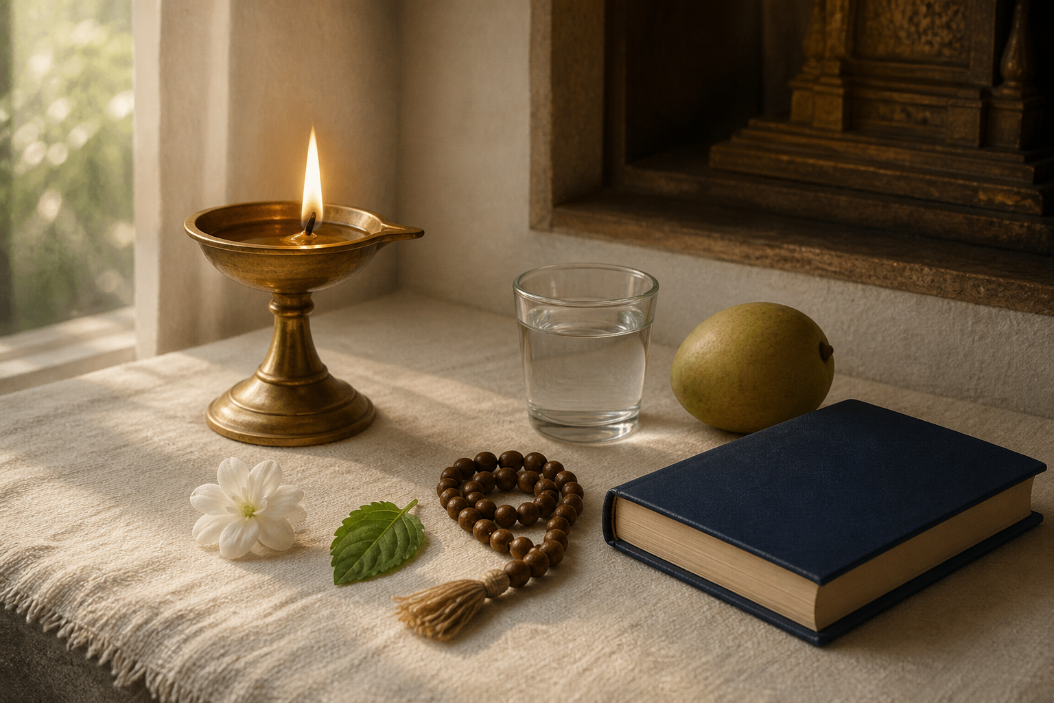 A brass lamp, flower, tulasi leaf, water, fruit, prayer beads, and a closed devotional book are arranged for simple home worship.