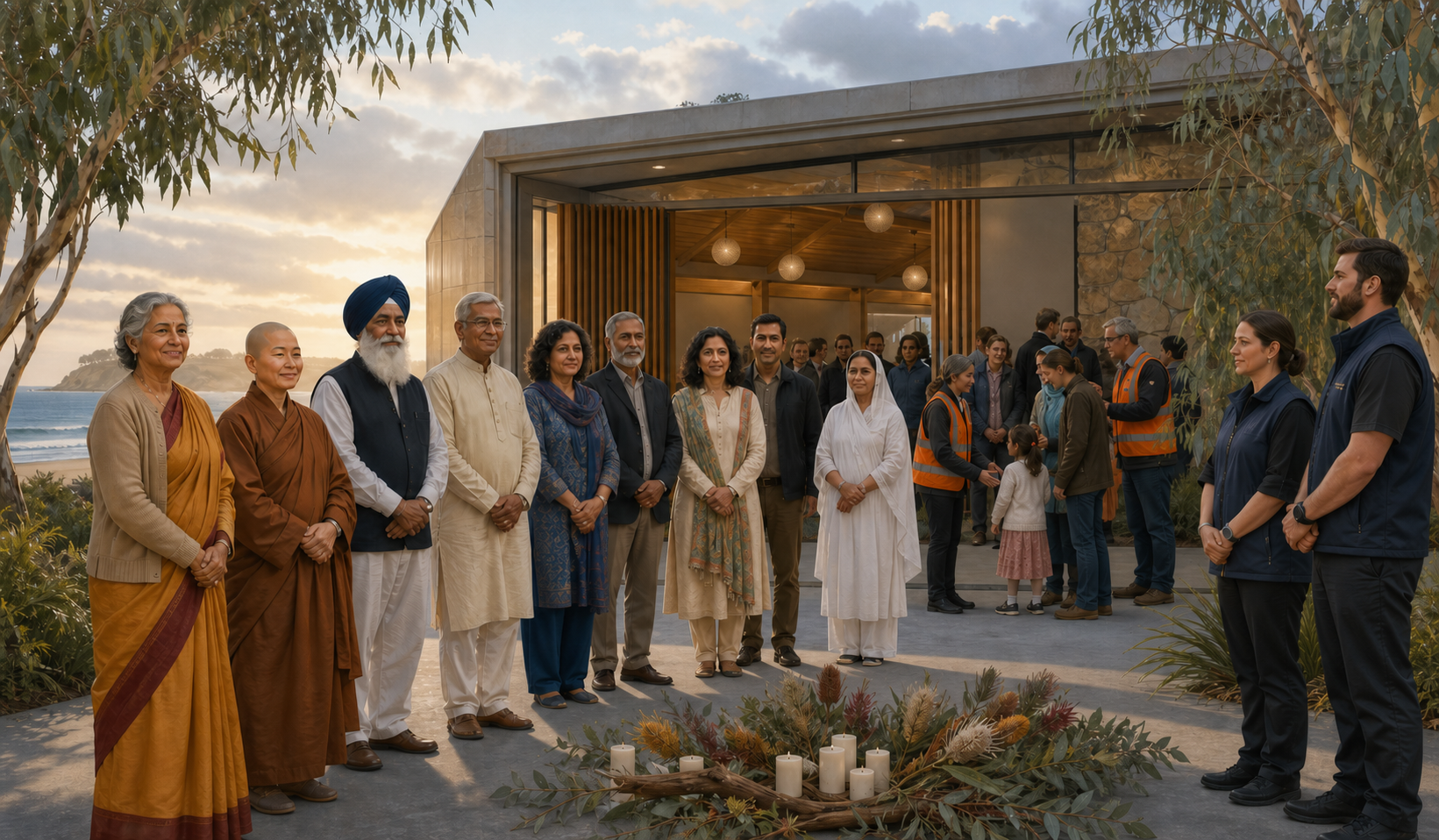 Multicultural Australian community leaders and safety volunteers gather outside a community hall beside native flowers and candles.