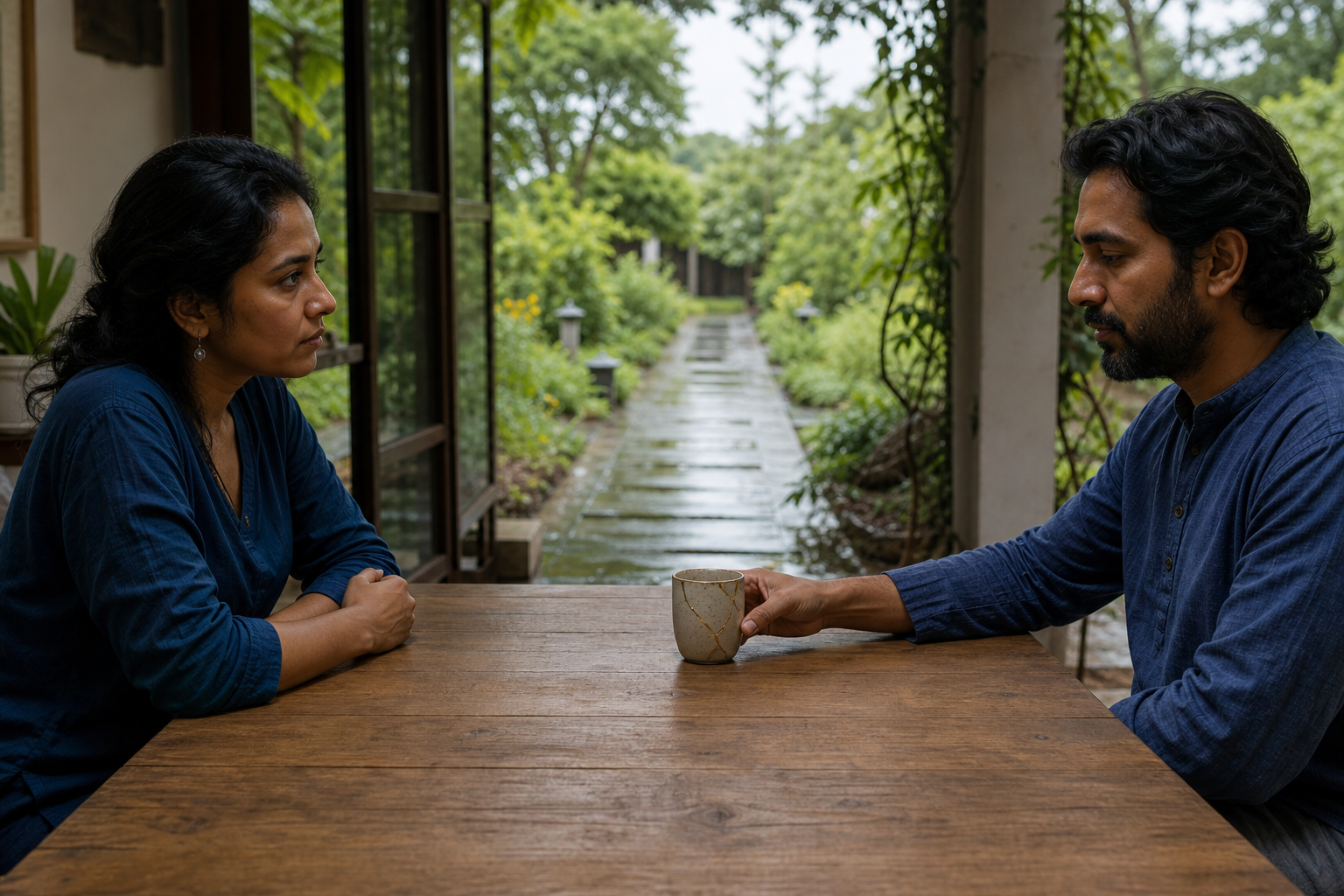 Two adults sit across a wooden table with a visibly repaired ceramic cup between them beside a rain-washed garden.