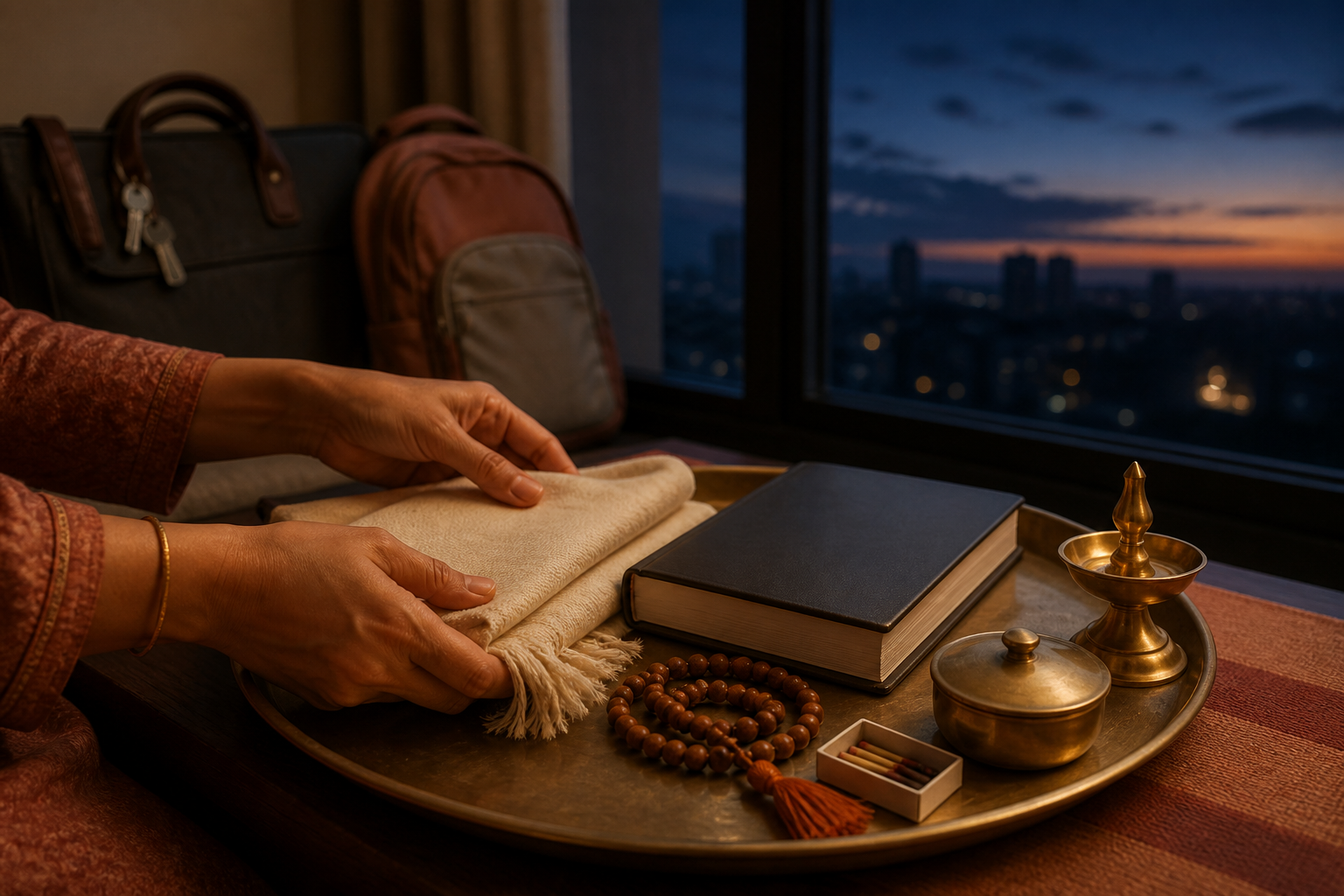 A devotee prepares a shawl, prayer book, beads, lamp, and offering tray in an ordinary home before the morning routine.