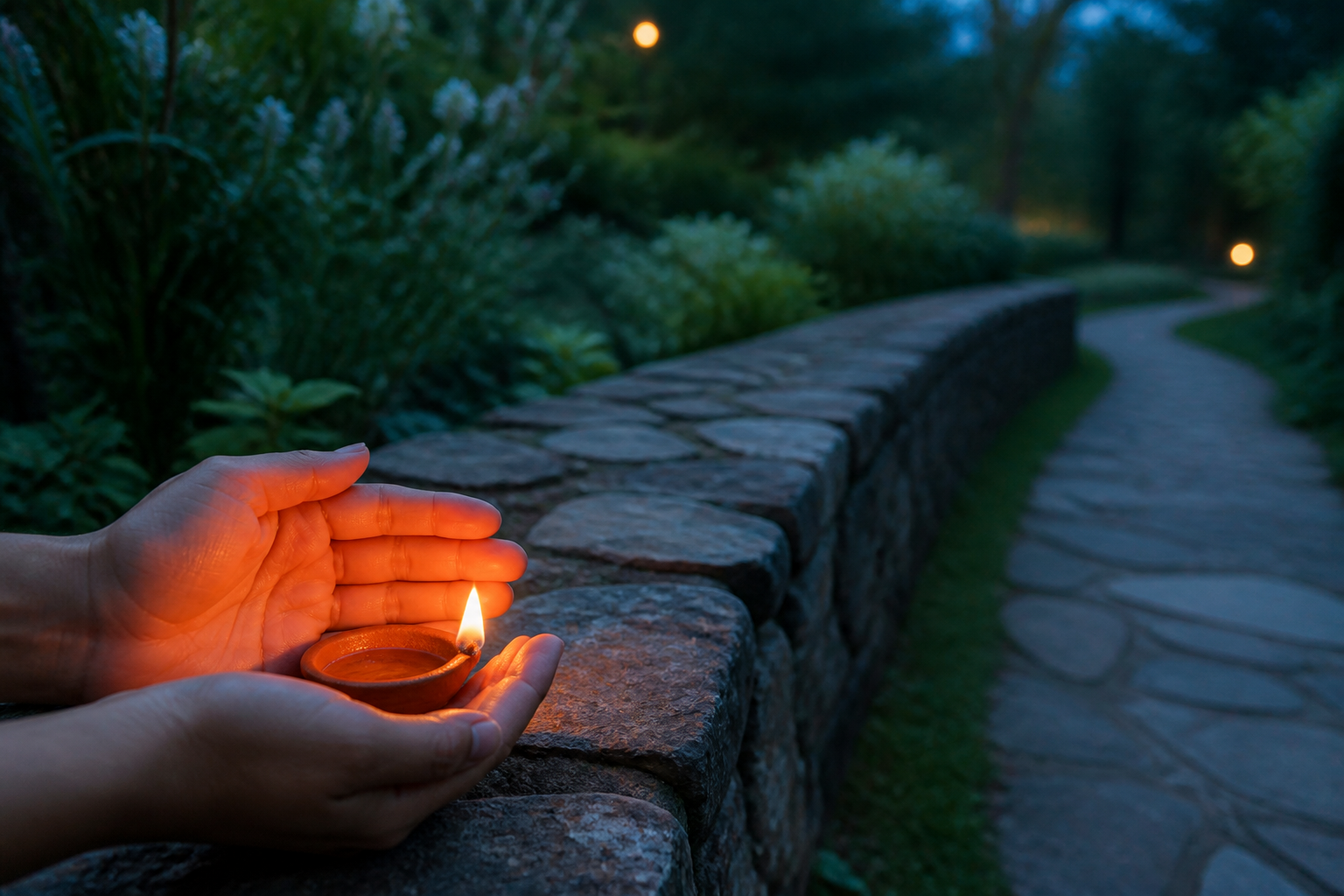 Hands cradle a glowing clay lamp beside a low stone wall, with an empty garden path visible beyond it.