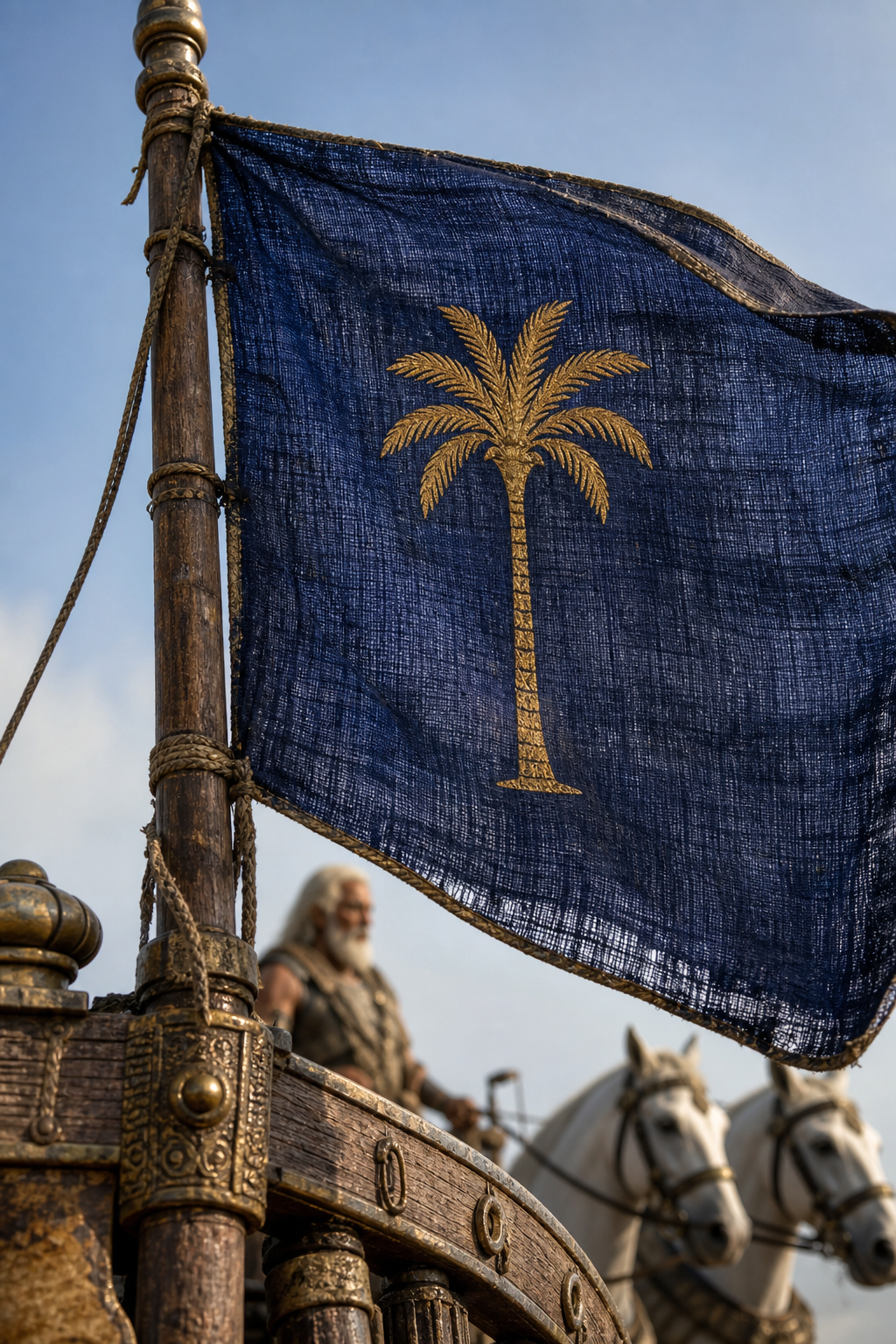 A close view of a palm-emblazoned banner attached to a chariot, with an elderly warrior and white horses softly visible below.