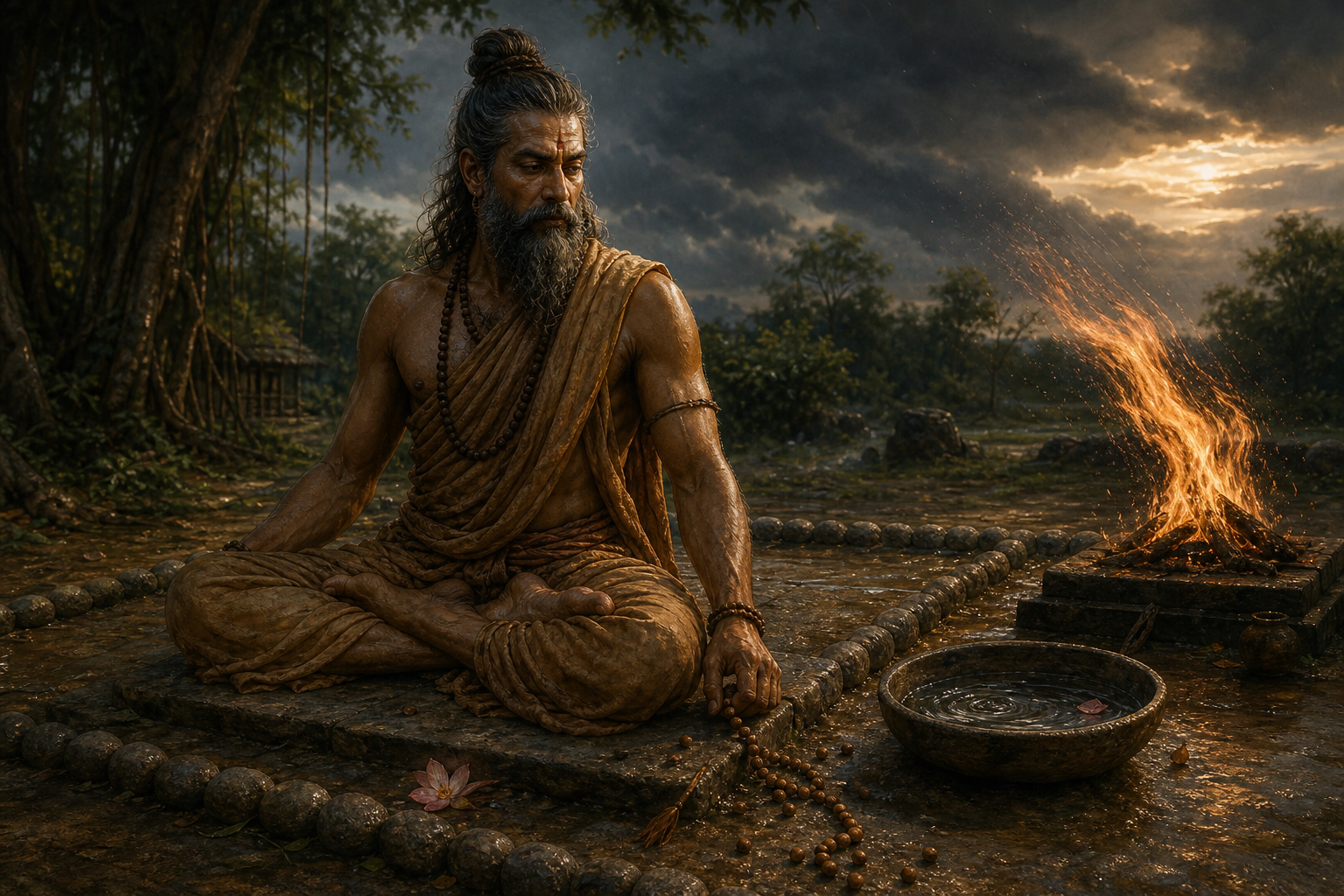 Vishwamitra sits tensely in meditation as wind bends the fire, ripples disturb a water bowl, and loose beads scatter across the hermitage floor.