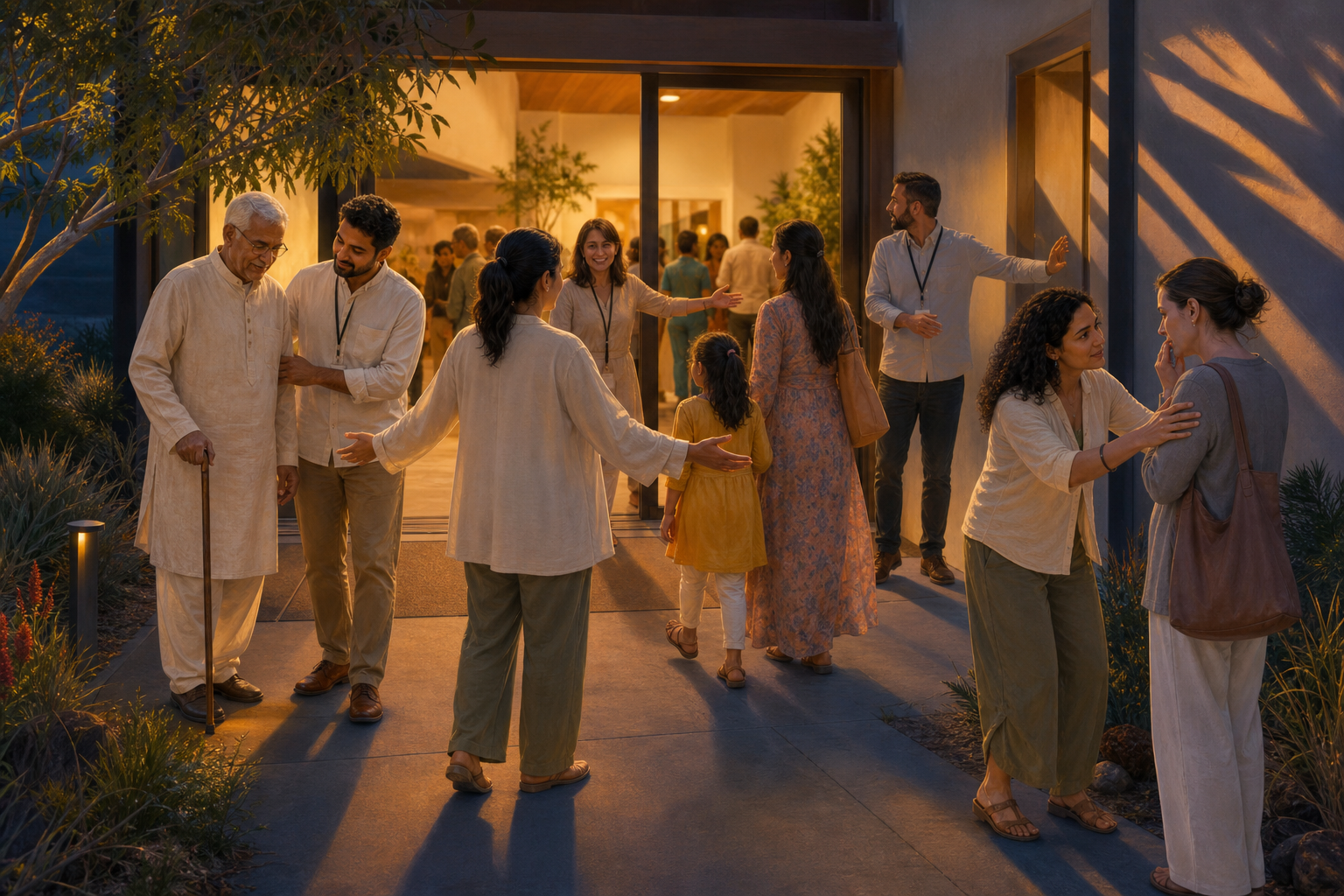 Community volunteers calmly guide elders and families through a well-lit entrance while keeping the route clear and observing the surroundings.