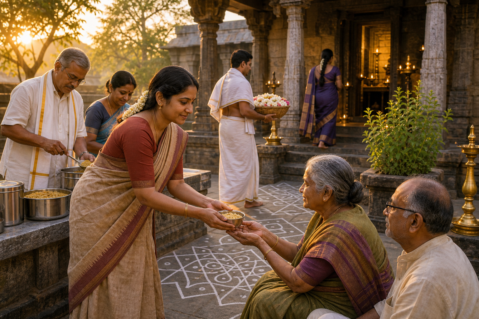 Volunteers serve warm prasadam to visitors in the courtyard of a South Indian Vaishnava temple at dawn.