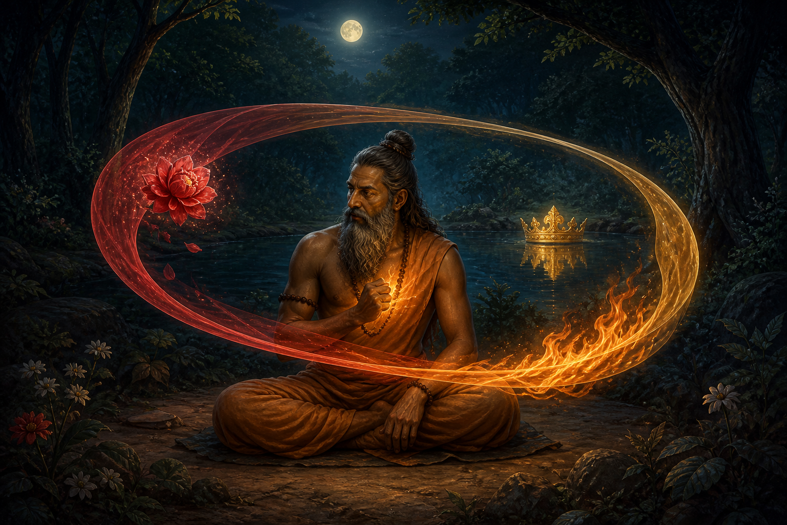 Vishwamitra observes a continuous spiraling ribbon that changes from a red flower into flame and then a golden crown reflected in water.