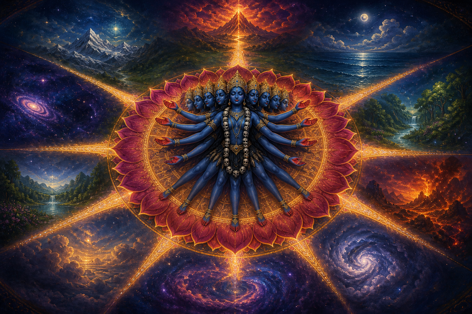 Overhead view of a unified ten-headed, ten-armed, and ten-legged Maha Kali at the center of a lotus with luminous paths radiating in many directions.