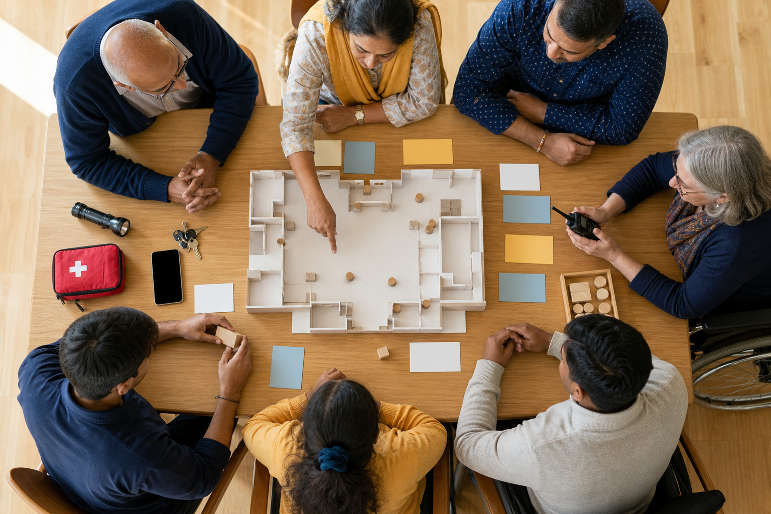 Volunteers use a floor model, blank cards, a radio, a flashlight, and first-aid supplies during a community safety-planning exercise.