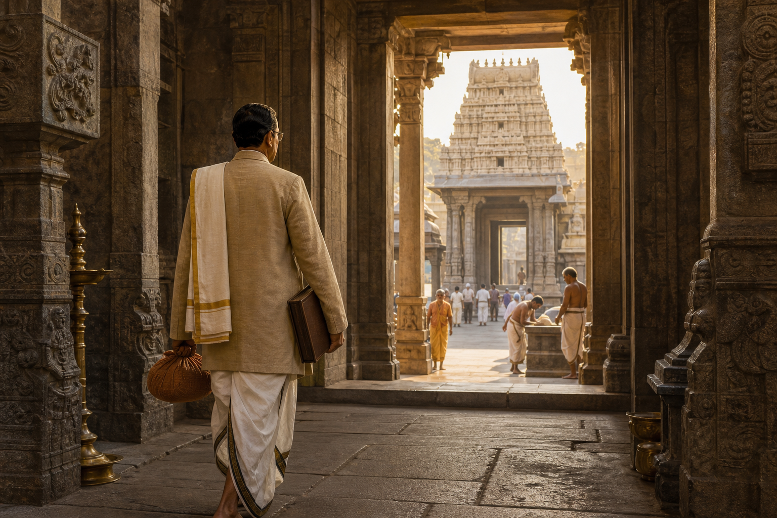 A historical illustration of a South Indian scholar-administrator carrying a manuscript bundle and ledger through a stone passage toward a Tirumala temple courtyard at dawn.