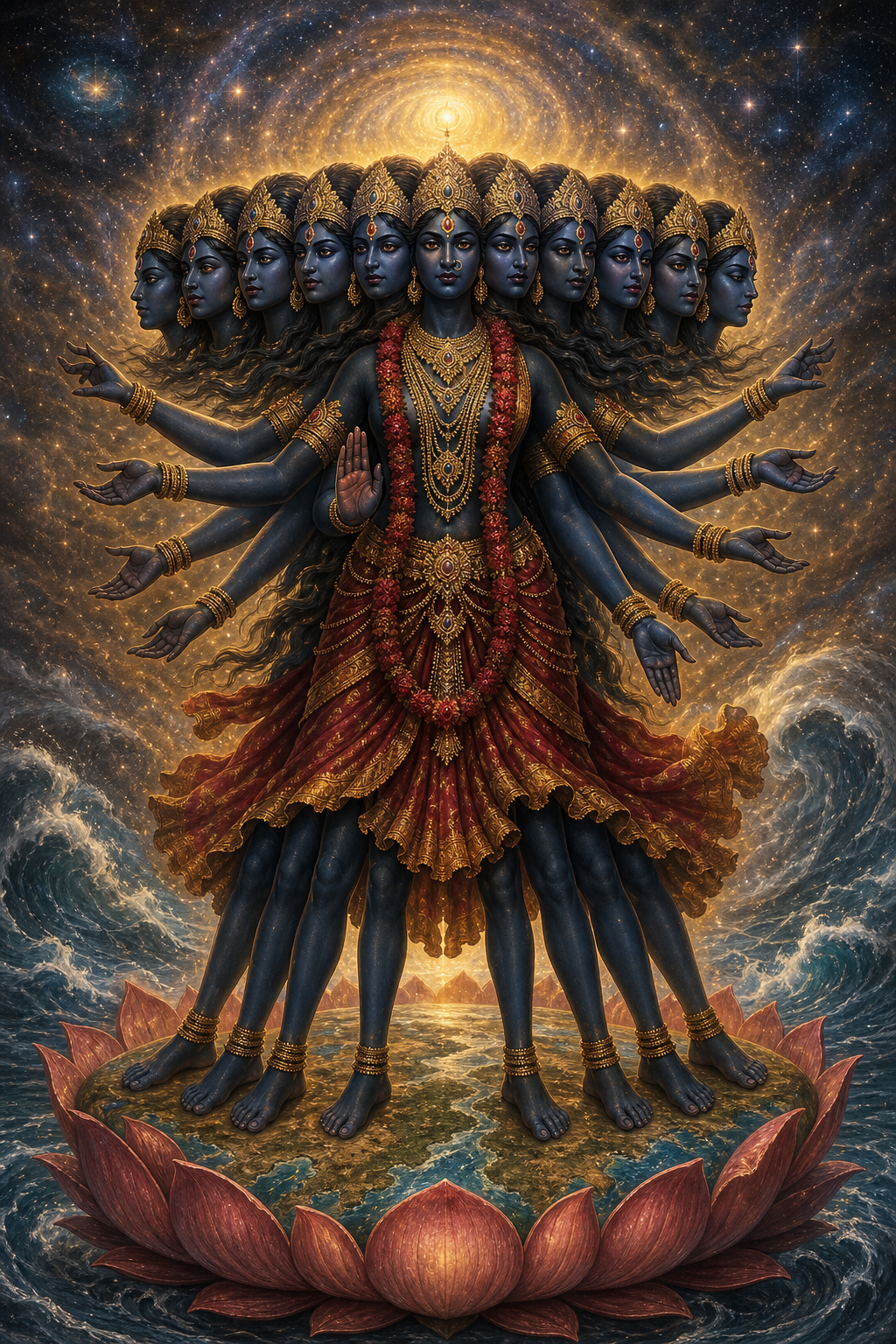 A vertical depiction of Maha Kali in which ten watchful faces, ten coordinated arms, and ten firmly planted legs are connected by flowing golden light.