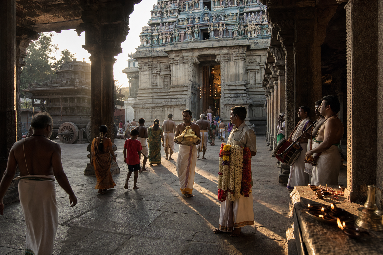 Devotees, temple attendants, priests and musicians move through a pillared South Indian temple courtyard with lamps, garlands and a festival vehicle.