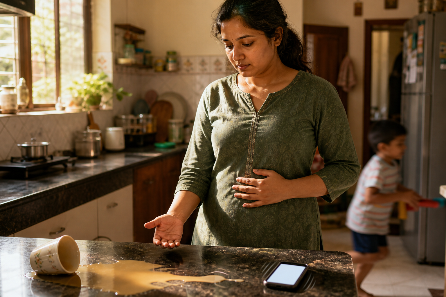 An adult pauses with one hand over the ribs beside spilled tea in a busy kitchen while a child moves in the background.