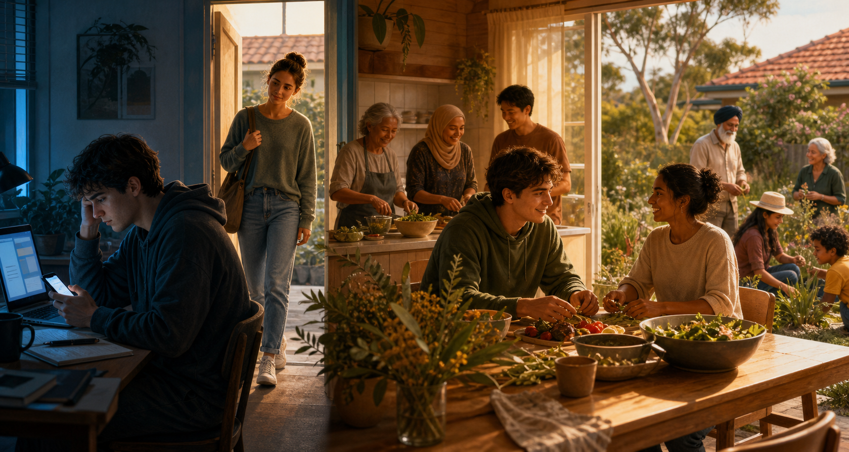 A young adult moves from solitary screen use in a dark room to a welcoming community kitchen and garden gathering.
