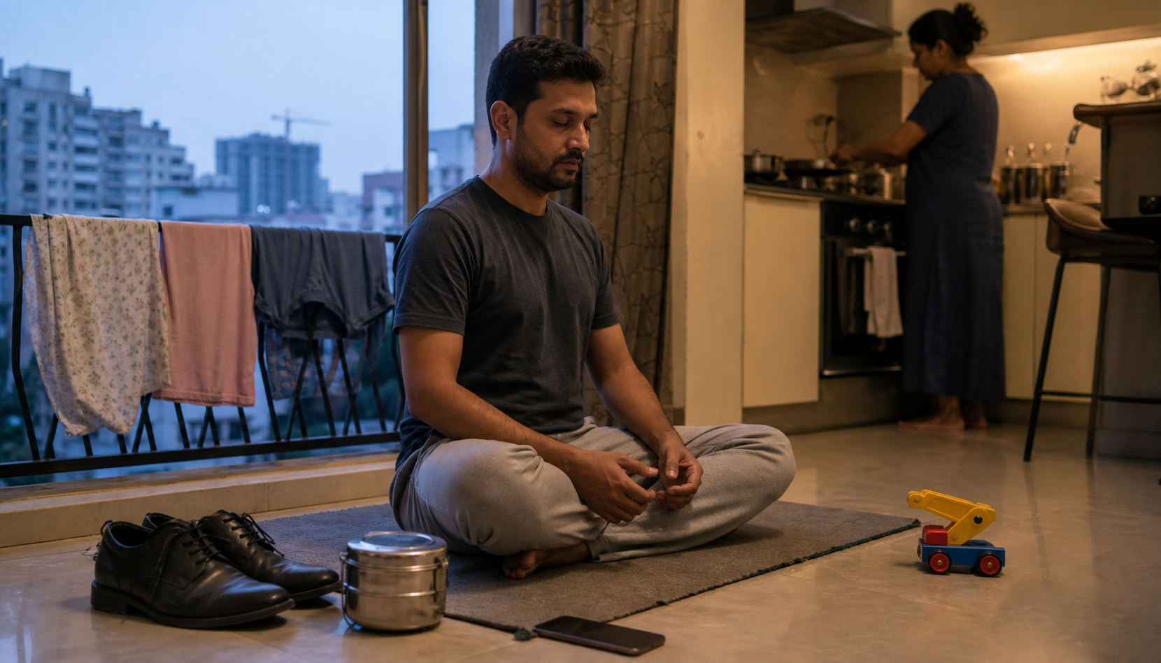 A person meditates on a simple mat in a lived-in apartment while breakfast is prepared and everyday household objects surround them.
