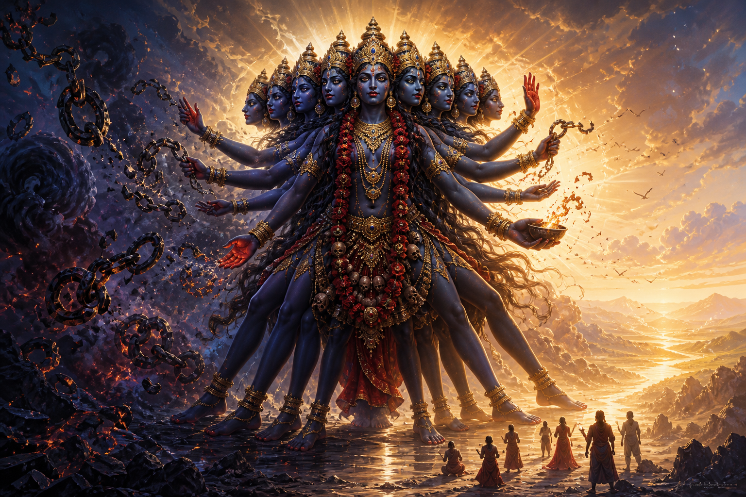 Maha Kali stands at a bright threshold with ten heads, ten arms, and ten legs as broken chains dissolve and silhouetted people move toward an open horizon.